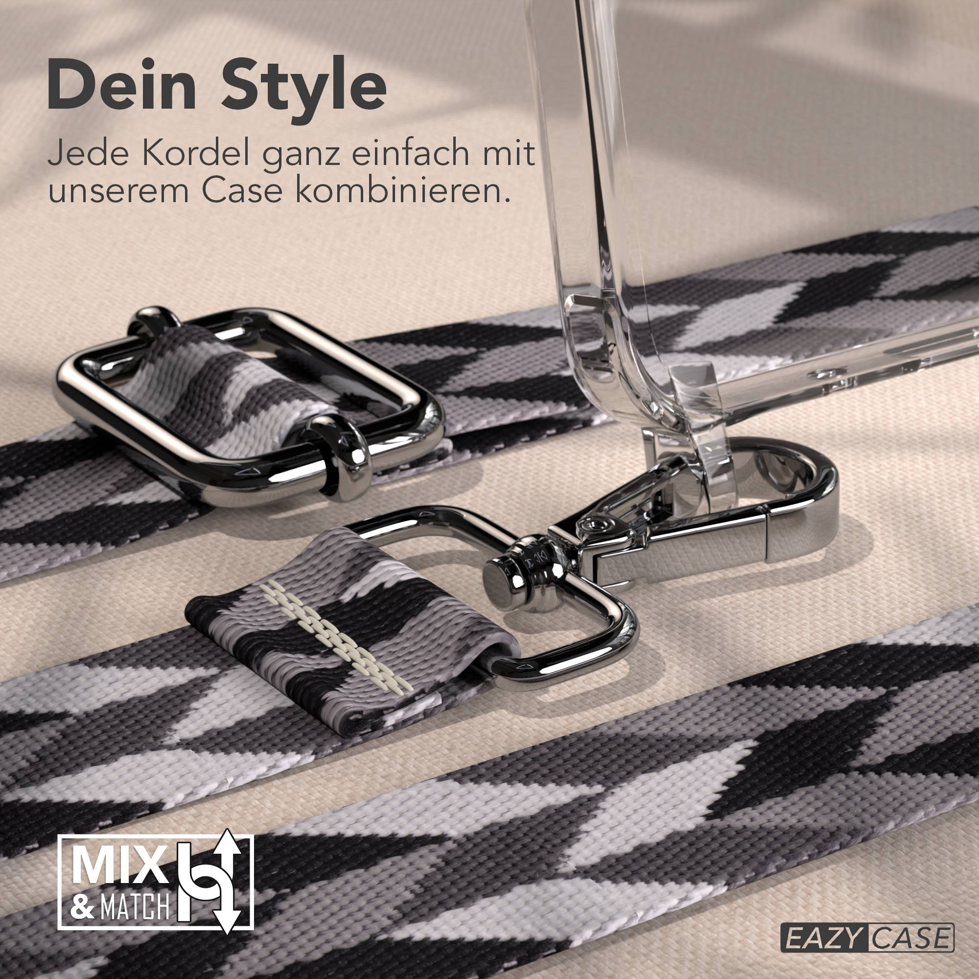 Klarer Handyhülle mit grau-weiß gemustertem Band und Metallverschlüssen.