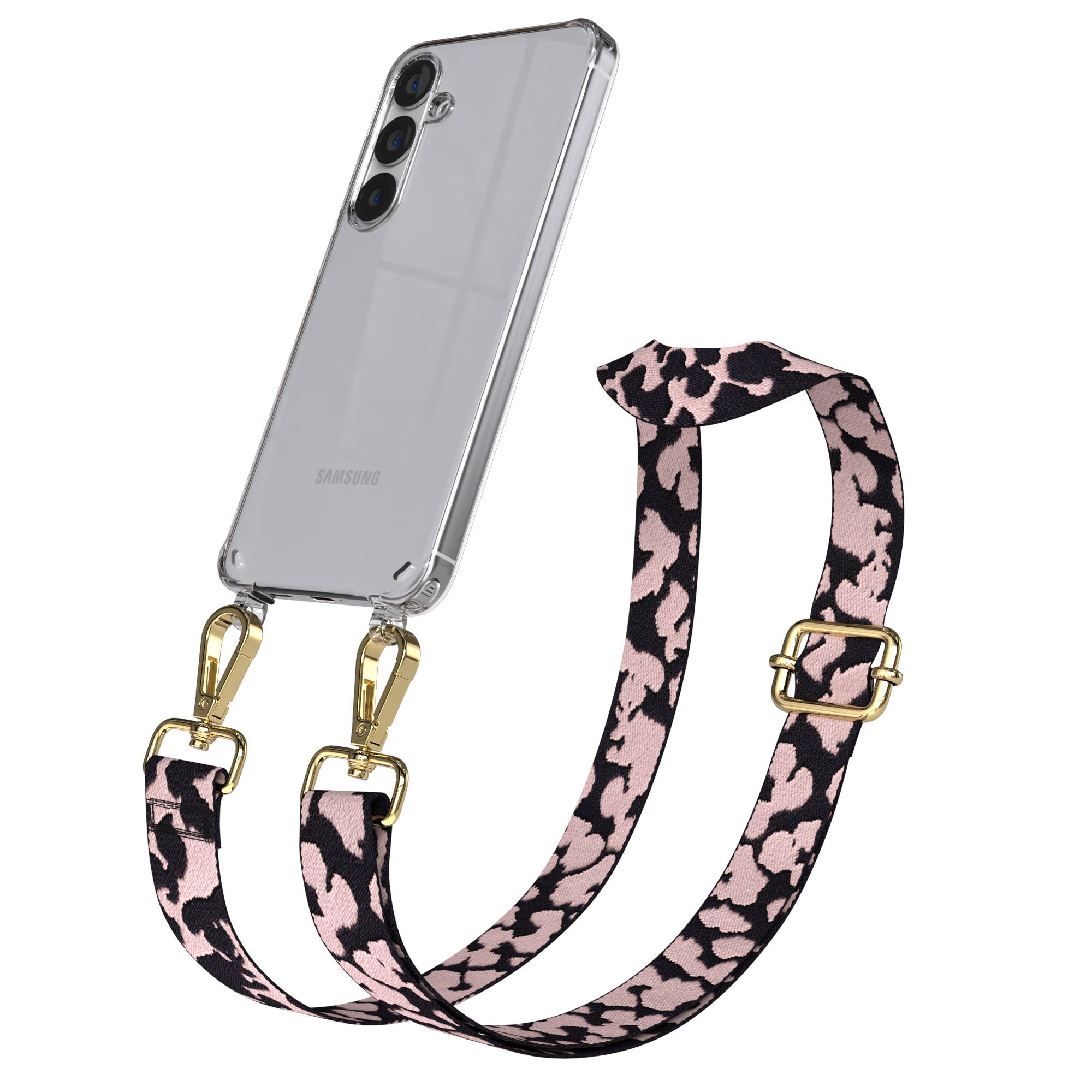Ein durchsichtiges Samsung-Handy mit einem Leopardenmuster-Riemen.