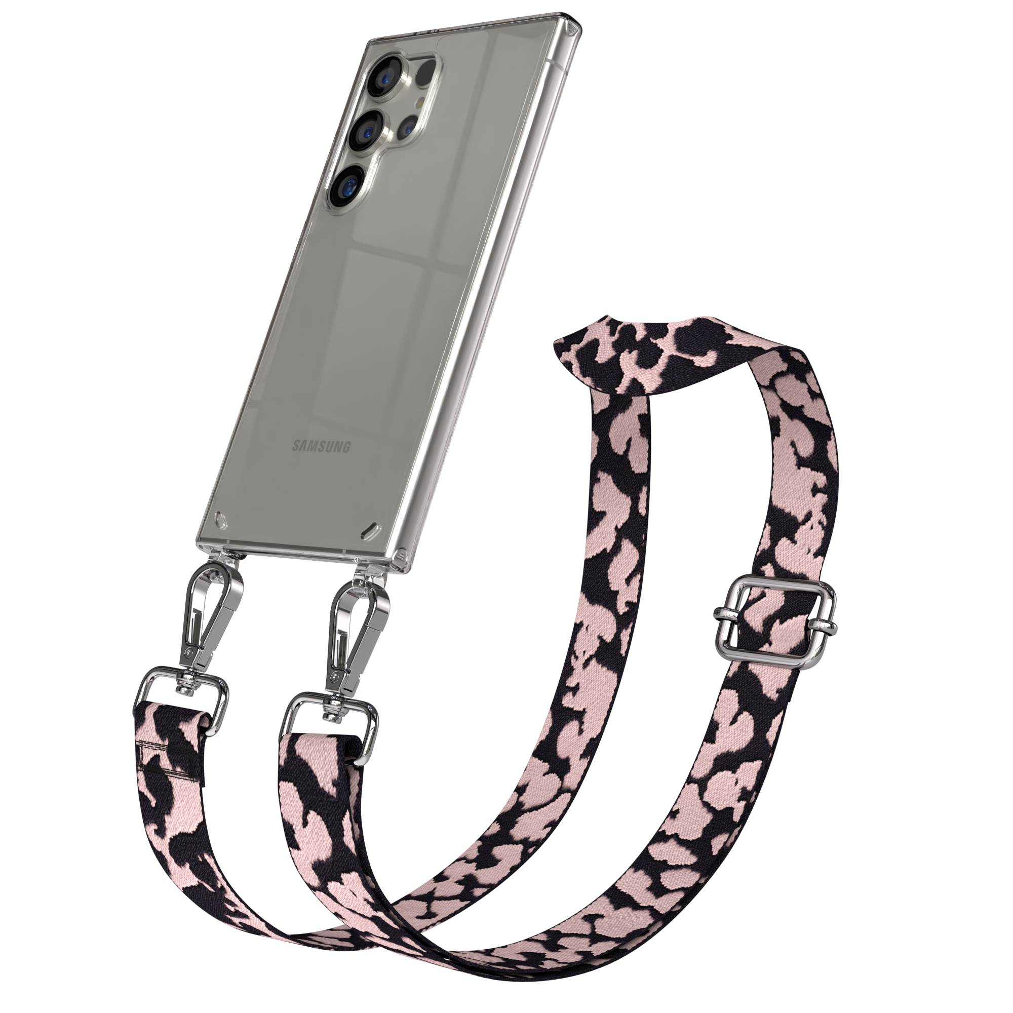 Ein silbernes Samsung-Smartphone mit Leopardenmuster-Band und silbernen Karabinern.