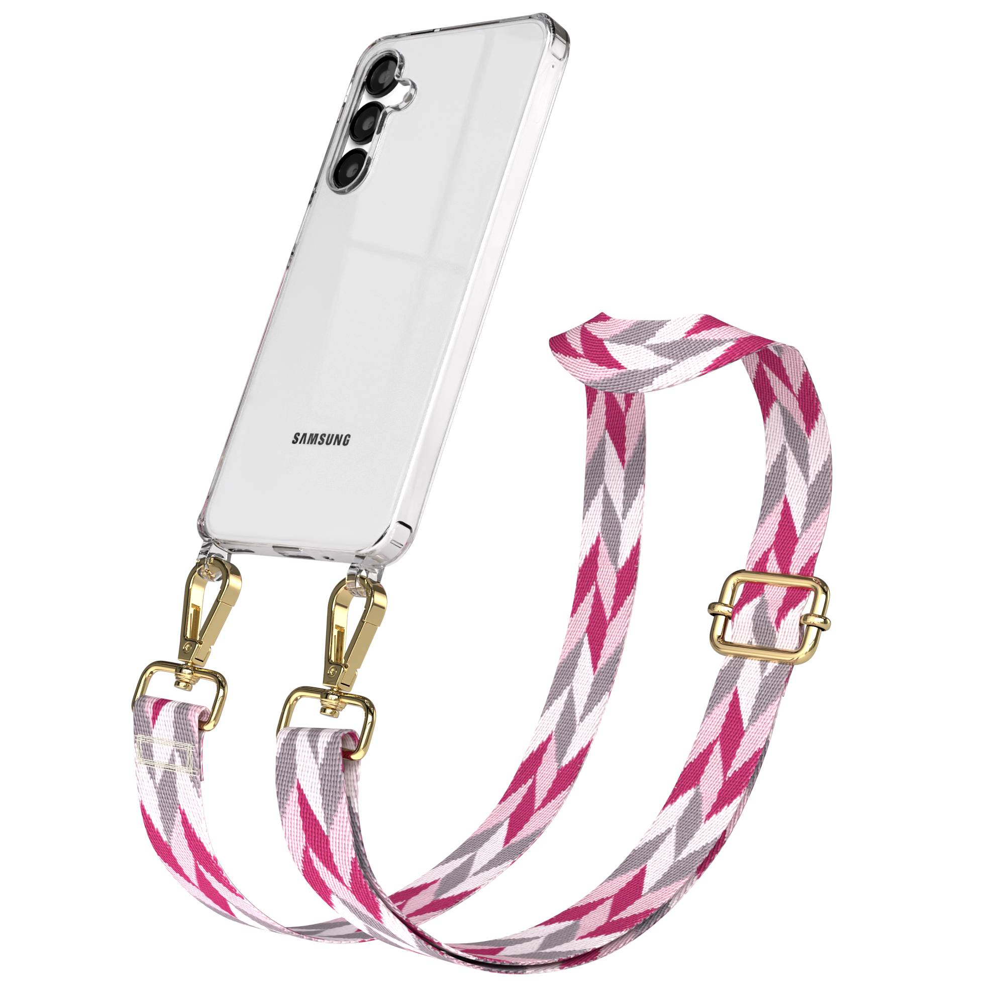 Ein durchsichtiges Samsung-Handy mit einem Gurt mit Zickzackmuster in Rosa, Grau und Weiß.