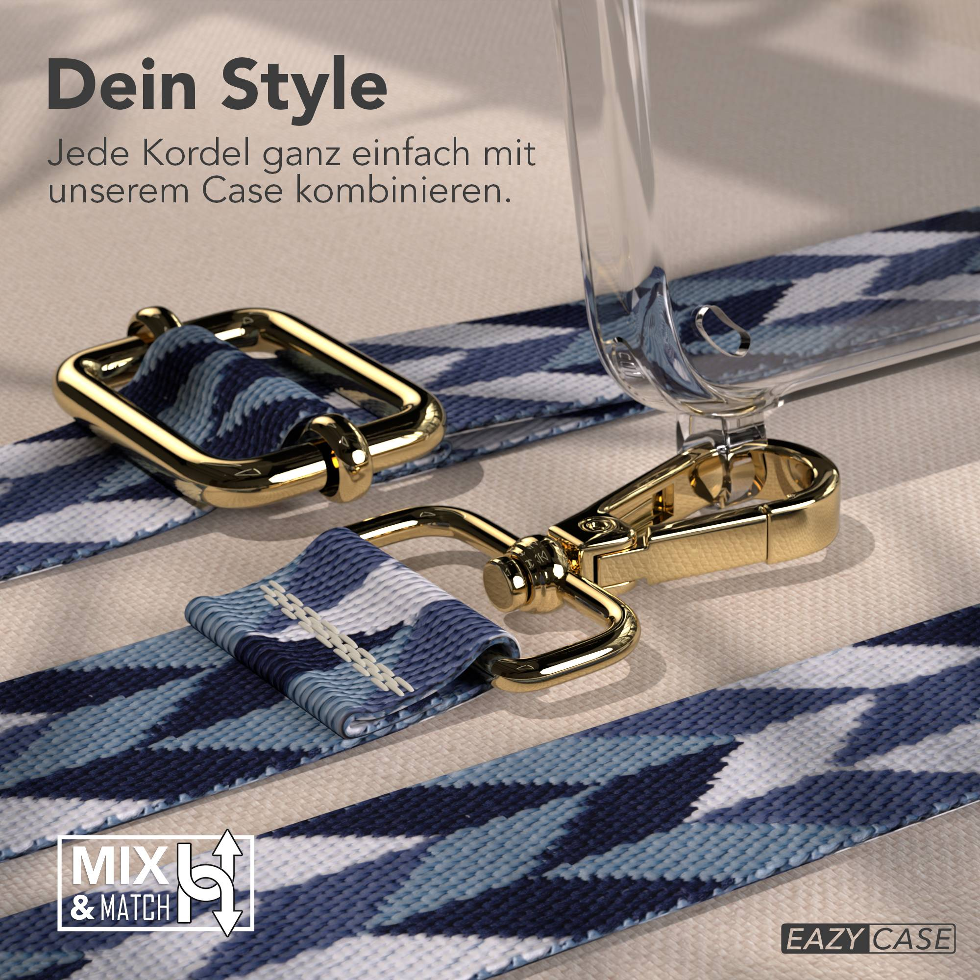 Ein blau-weiß gemustertes Band mit goldenen Beschlägen, befestigt an einer Hülle.