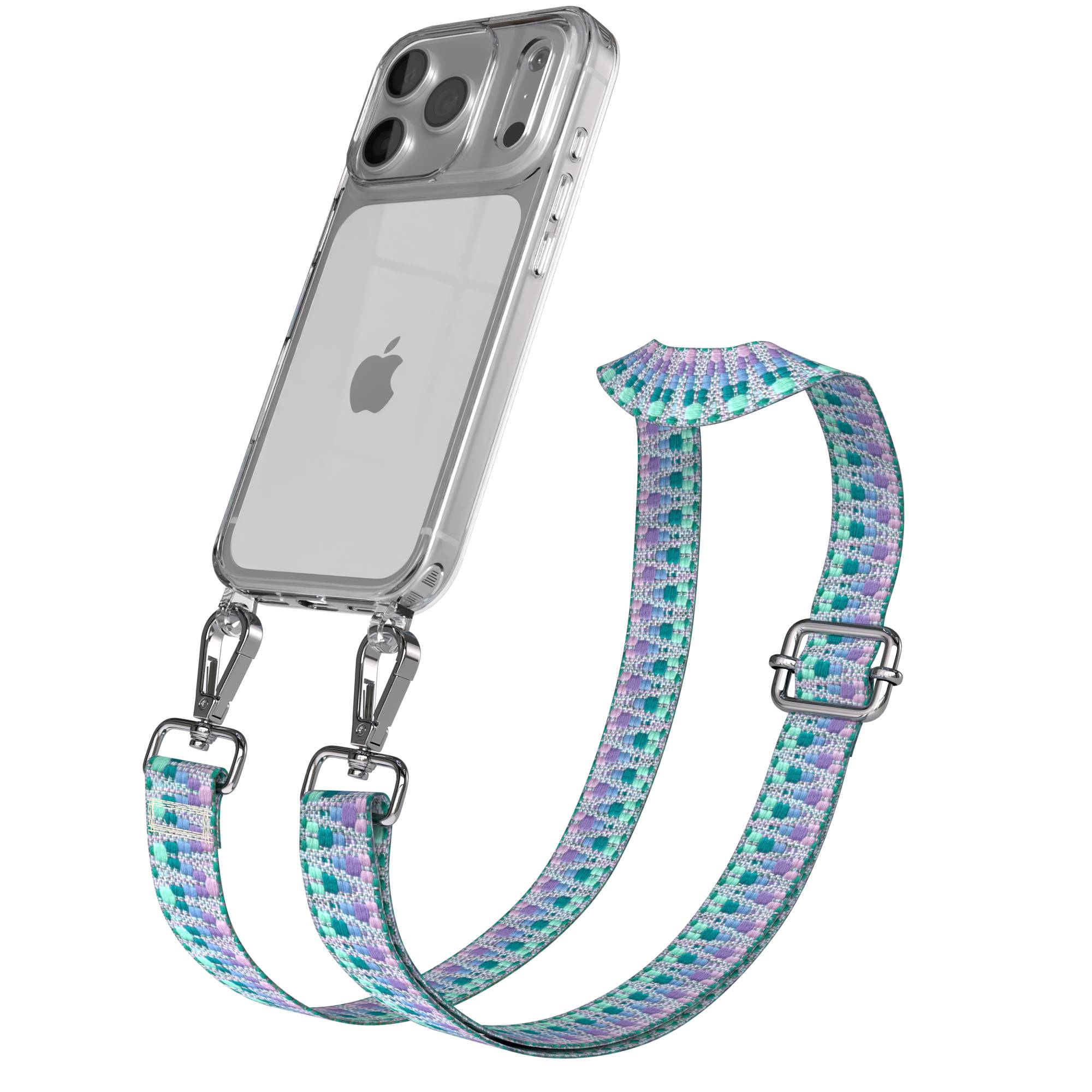 Ein transparentes iPhone-Gehäuse mit einem bunten Riemen.
