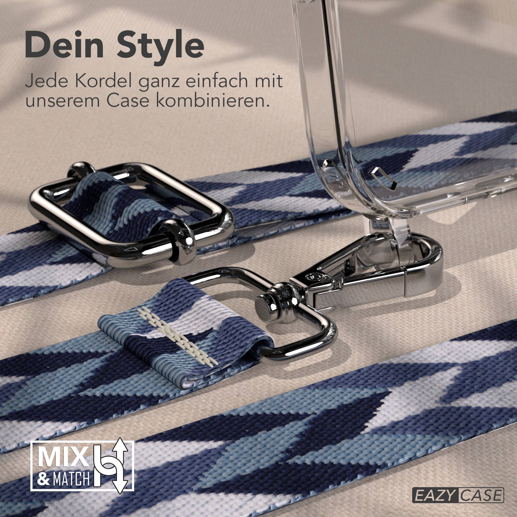 Ein transparenter Handyhülle mit blau gemustertem Kordel und silbernen Metallteilen.
