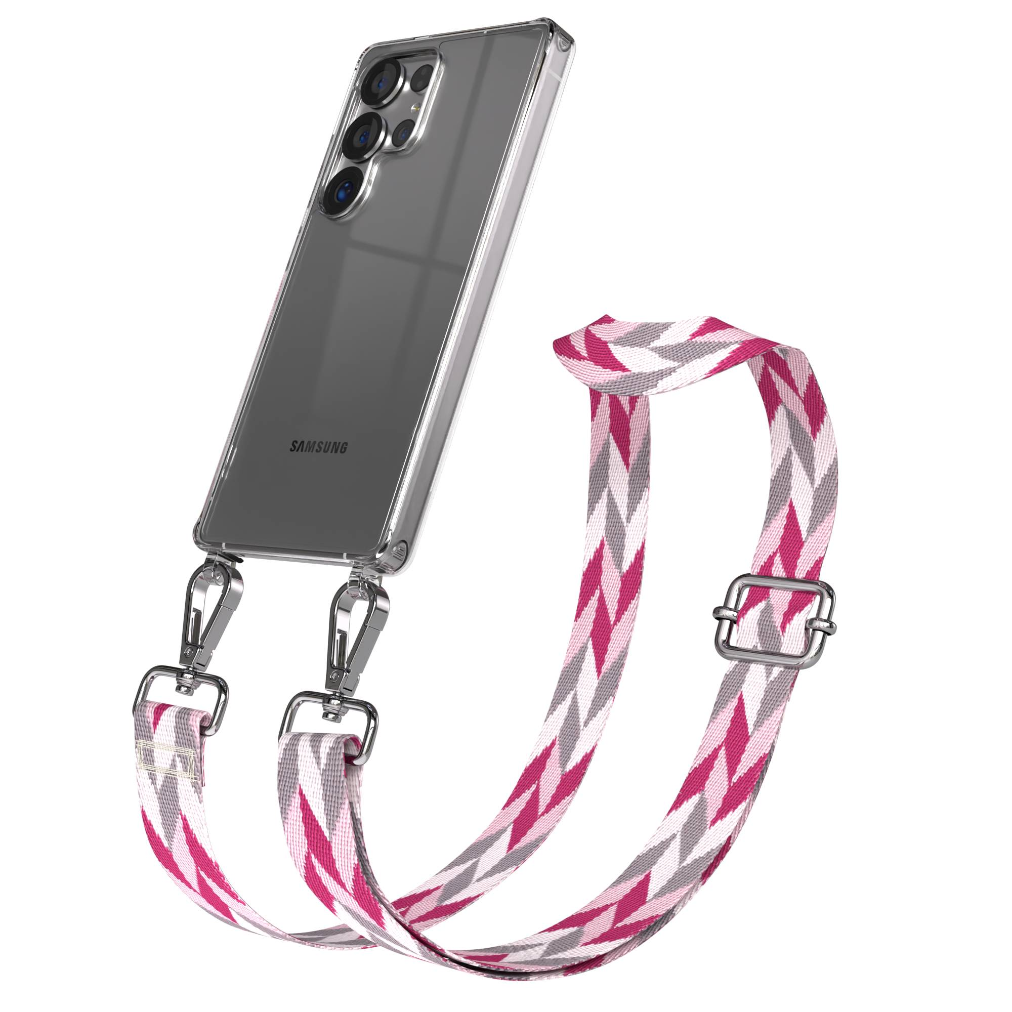 Eine durchsichtige Handyhülle mit einem gemusterten Gurt in Pink, Grau und Weiß.