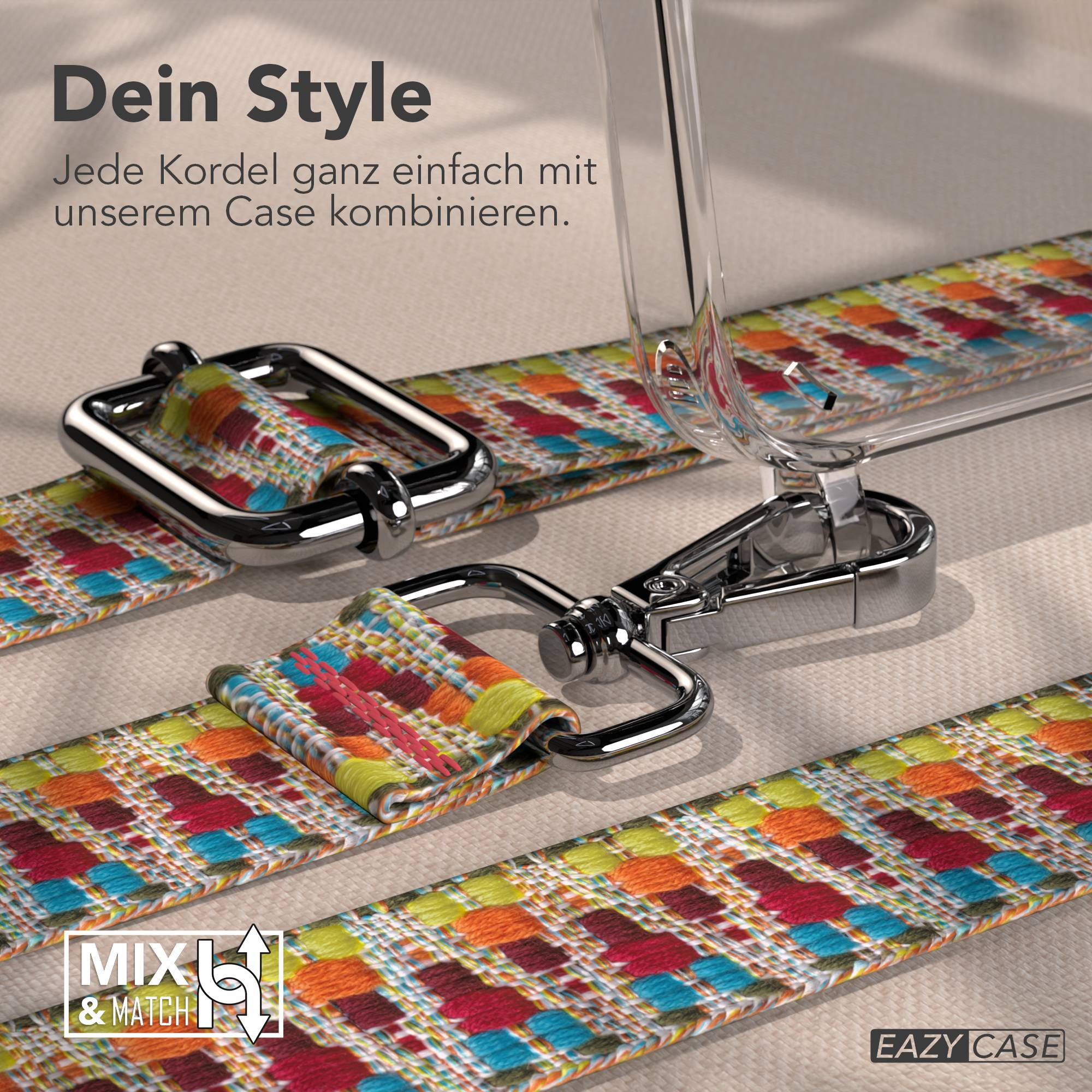 Bunte Kordel mit silbernen Karabinern, nahaufnahme. Text: Dein Style.