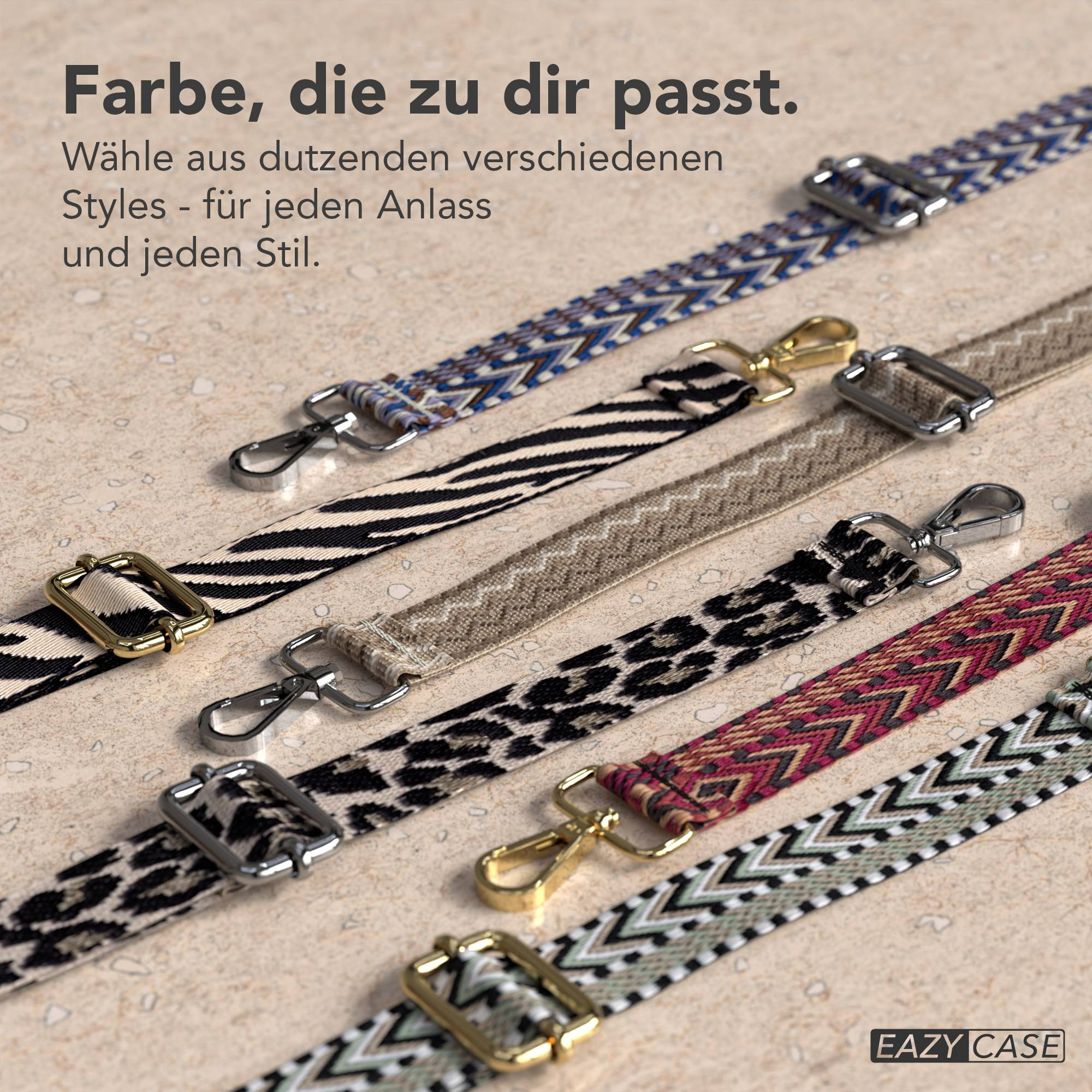 Mehrere Taschengurte mit Mustern wie Zickzack, Zebra und Leopard.