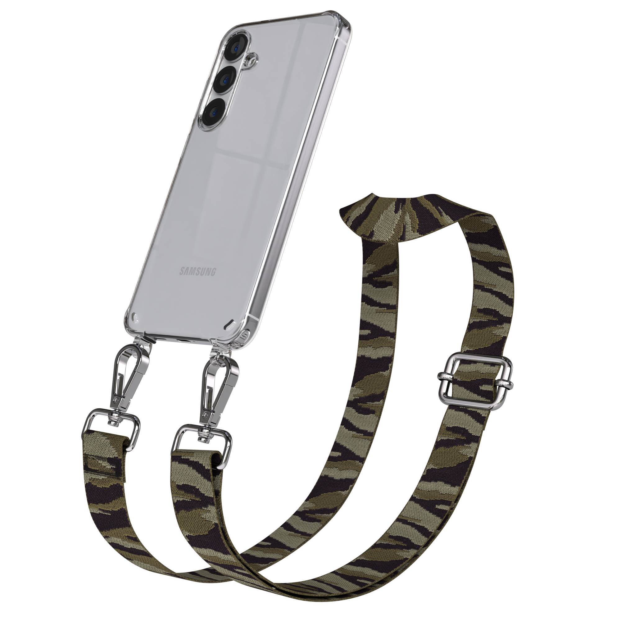 Eine durchsichtige Handyhülle mit einem Samsung-Handy und einem Camouflage-Riemen.