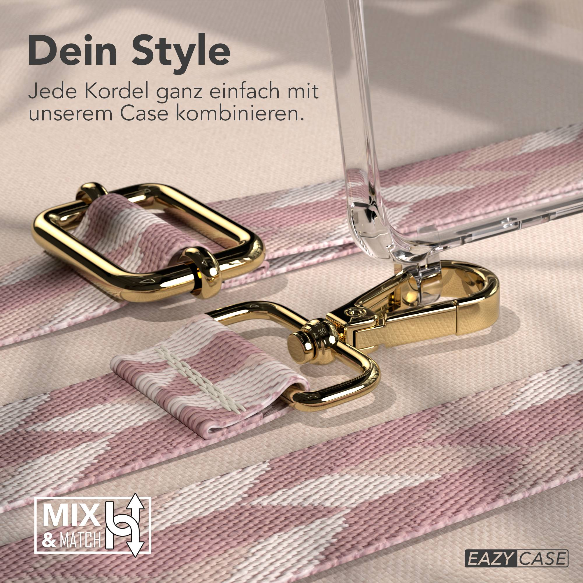 Ein pink-weiß gemustertes Band mit goldener Hardware für eine Handyhülle.
