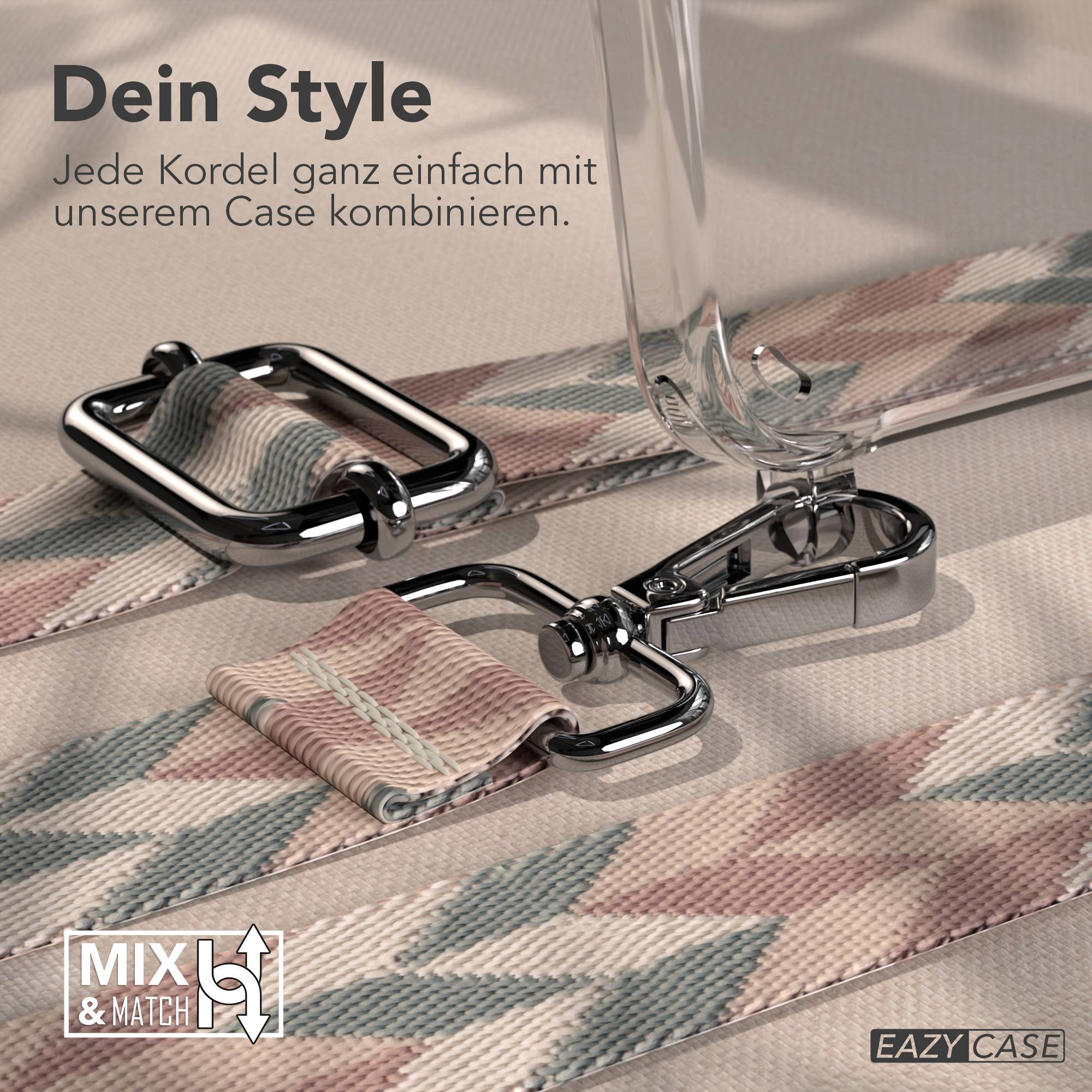 Zwei silberne Karabinerhaken an einem geometrischen Band und ein Teil eines transparenten Gehäuses.
