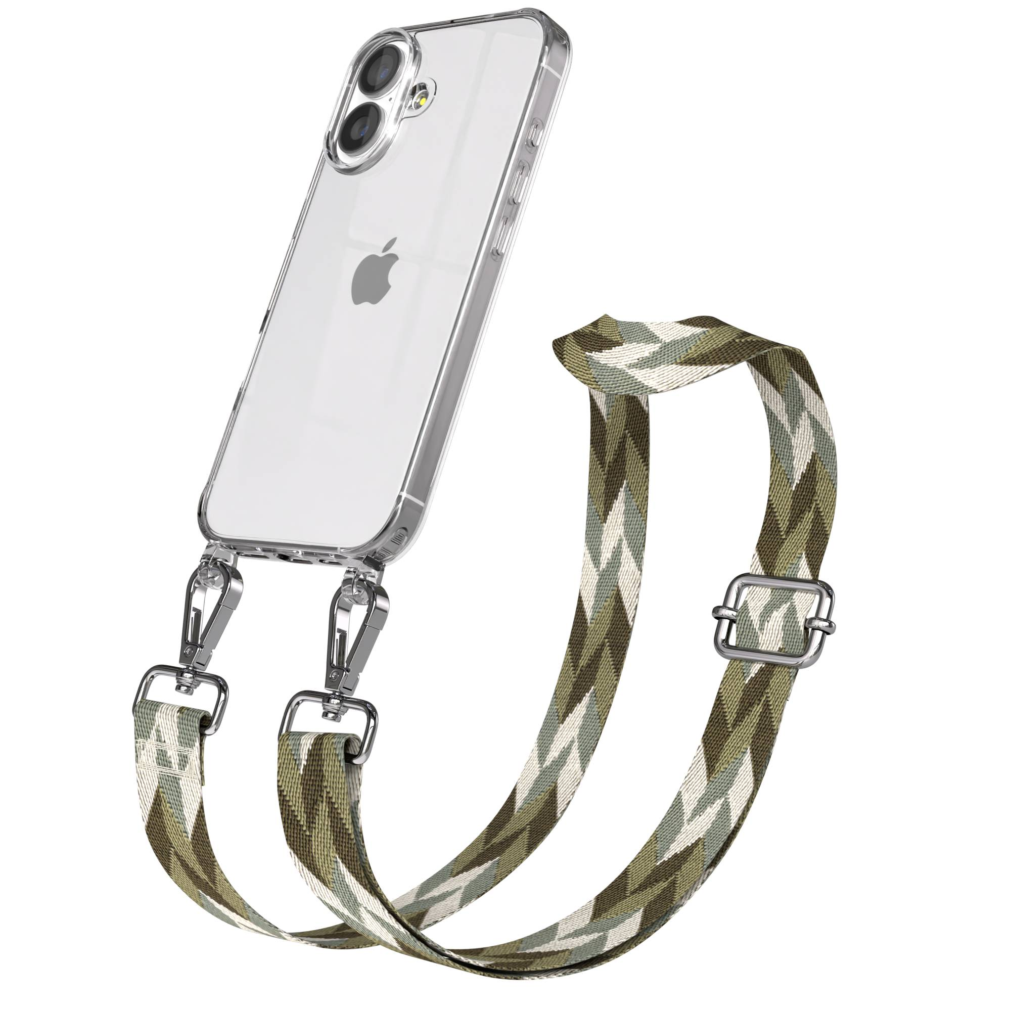 Transparente Hülle für ein iPhone mit einem Camouflage-Muster-Gurt.