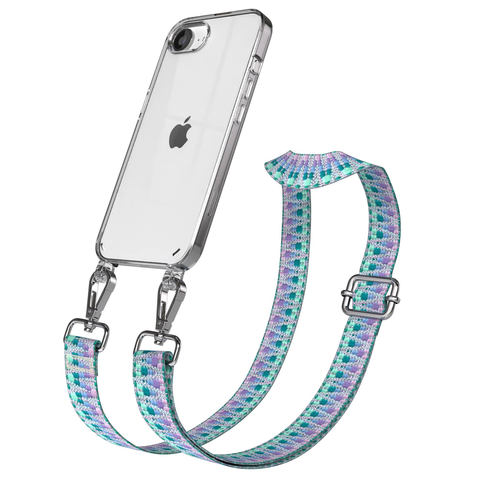 Ein durchsichtiges iPhone mit einem bunten, gemusterten Tragegurt und silbernen Clips.