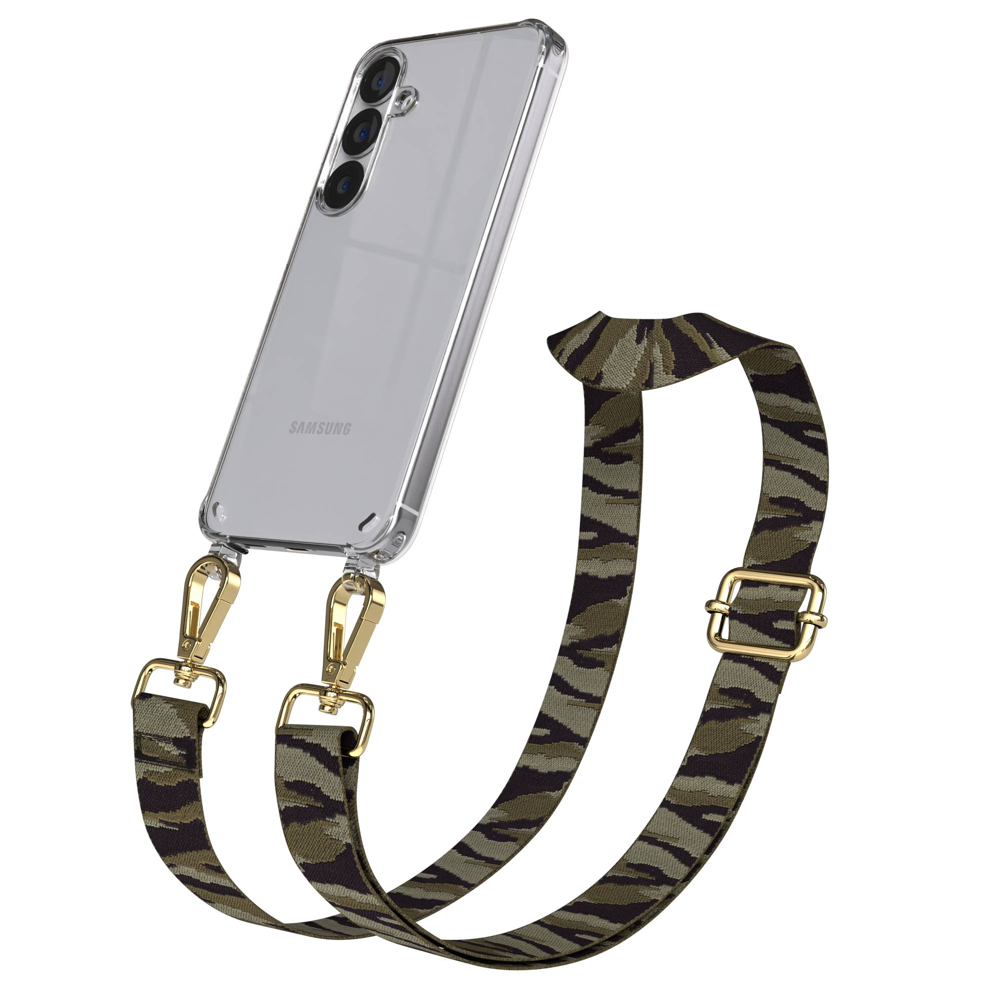 Ein Smartphone in einer transparenten Hülle mit einem Tarnmuster-Riemen.