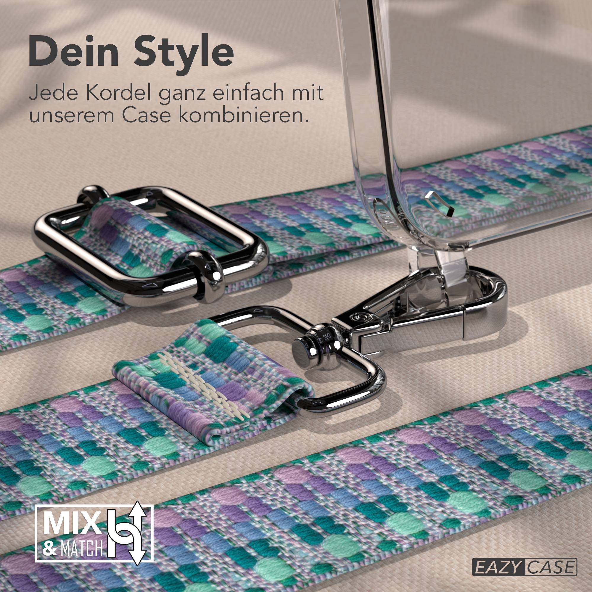 Eine transparente Handyhülle mit einem bunten Gurtband und silbernen Beschlägen.