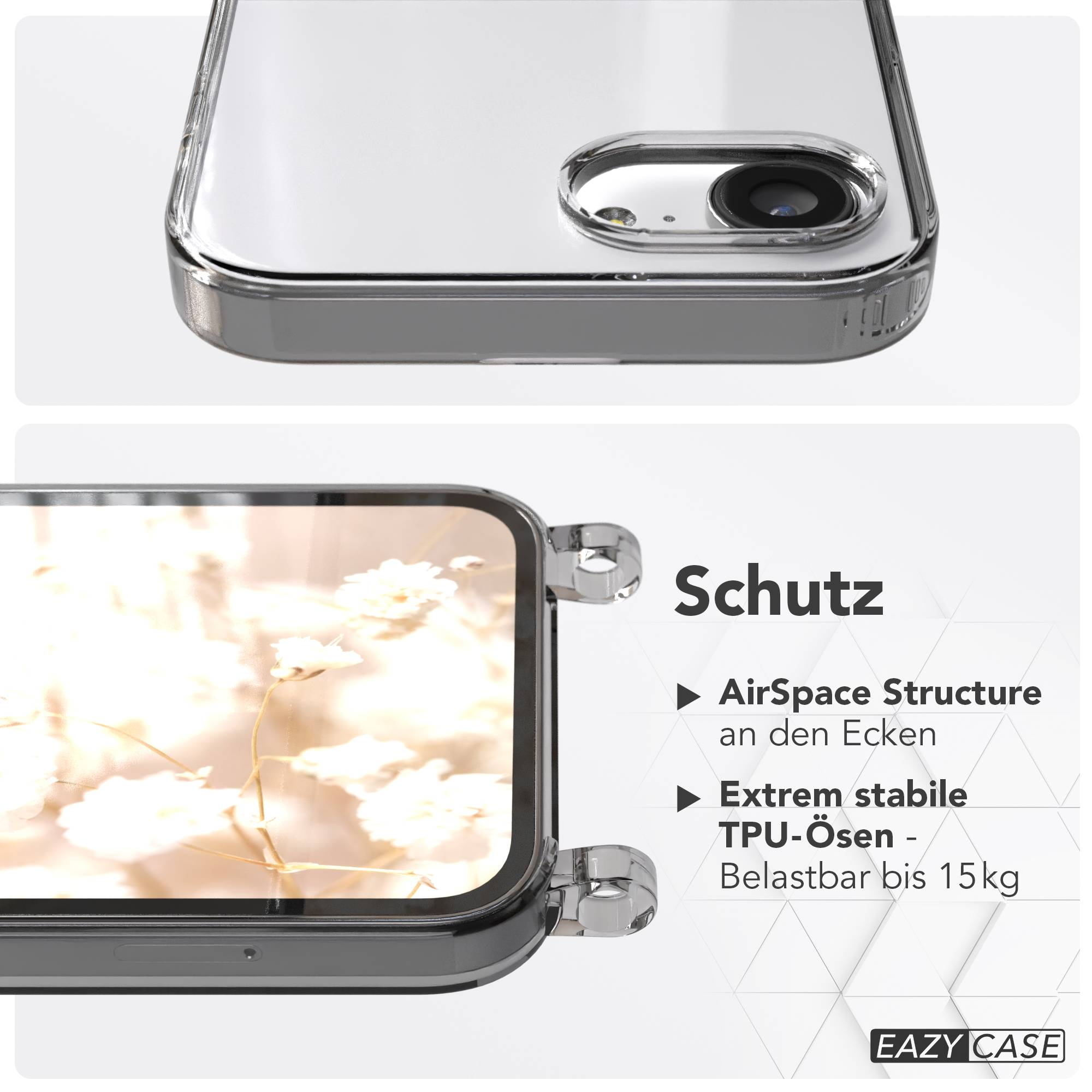 Klare Handyhülle mit Kamerausschnitt und Text: Schutz, AirSpace Structure, Extrem stabile TPU-Ösen, Belastbar bis 15kg.