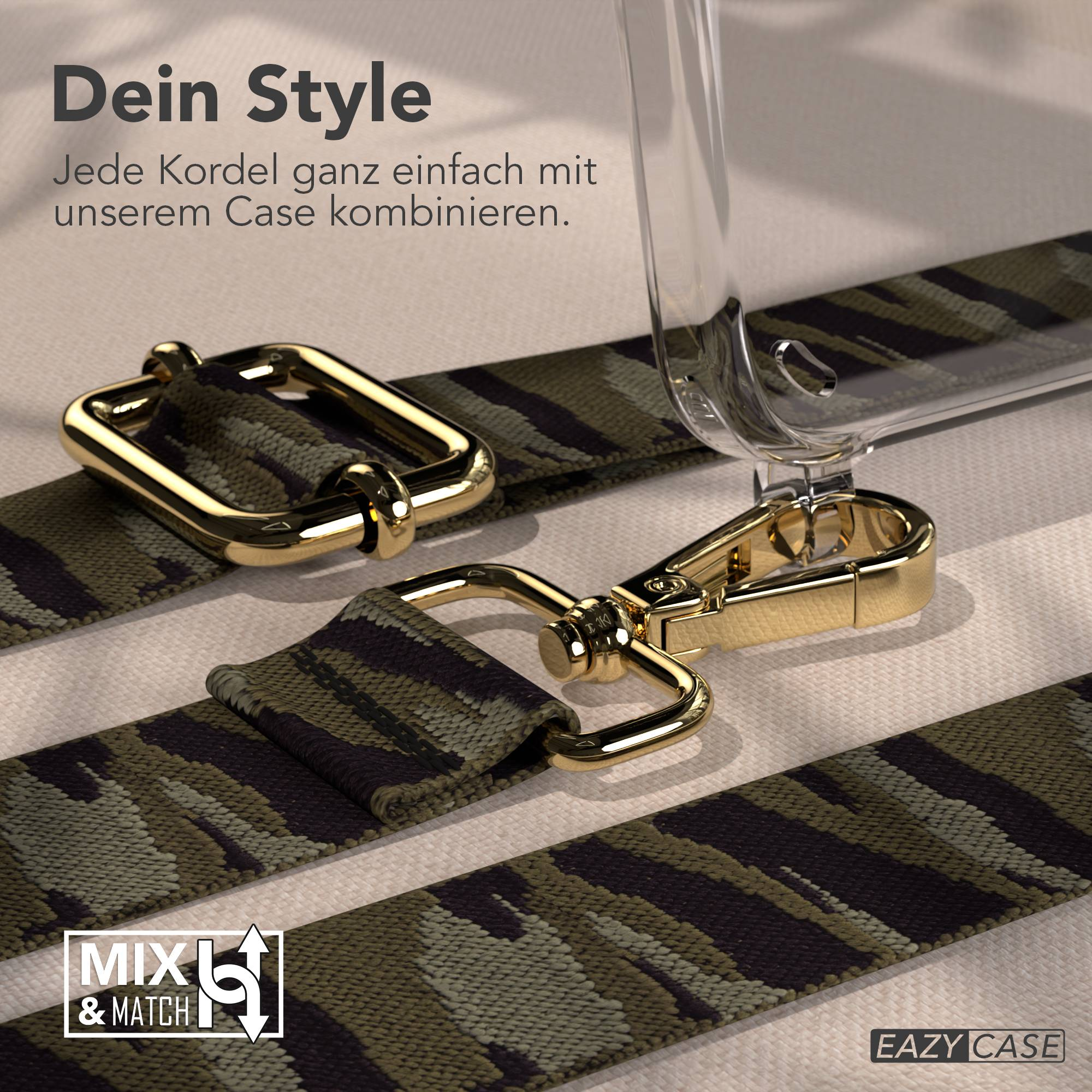 Camouflage-Gurt mit goldener Hardware und Klarsichthülle. Text: MIX & MATCH.