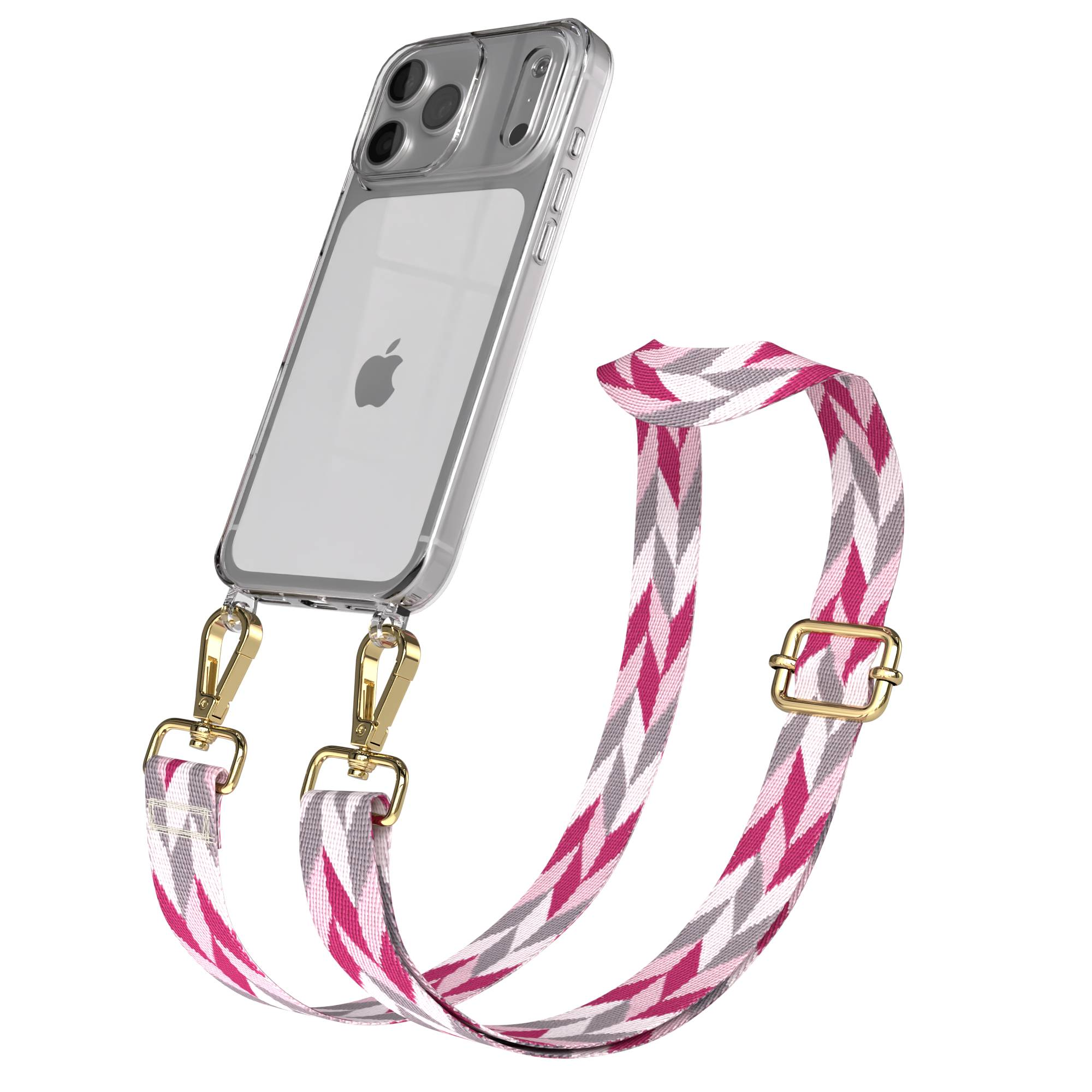 Ein transparentes iPhone-Case mit einem Band in Pink-, Grau- und Weißmuster.