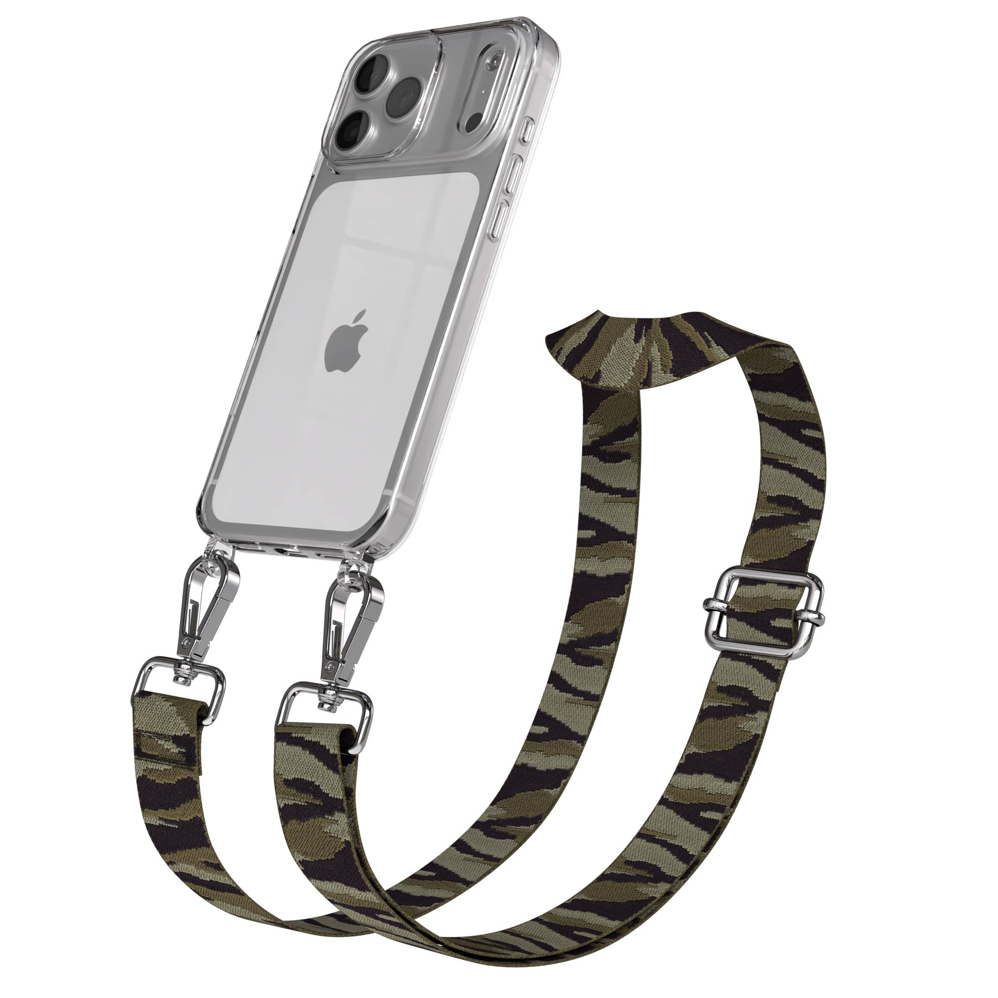 Ein durchsichtiges iPhone mit Tarnband und silbernen Clips.