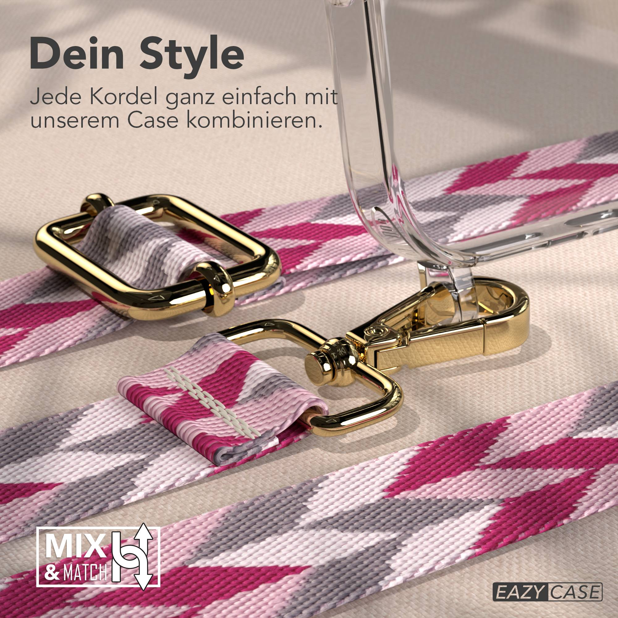Goldene Schnallen verbinden ein Handyhülle mit einem bunten Band.