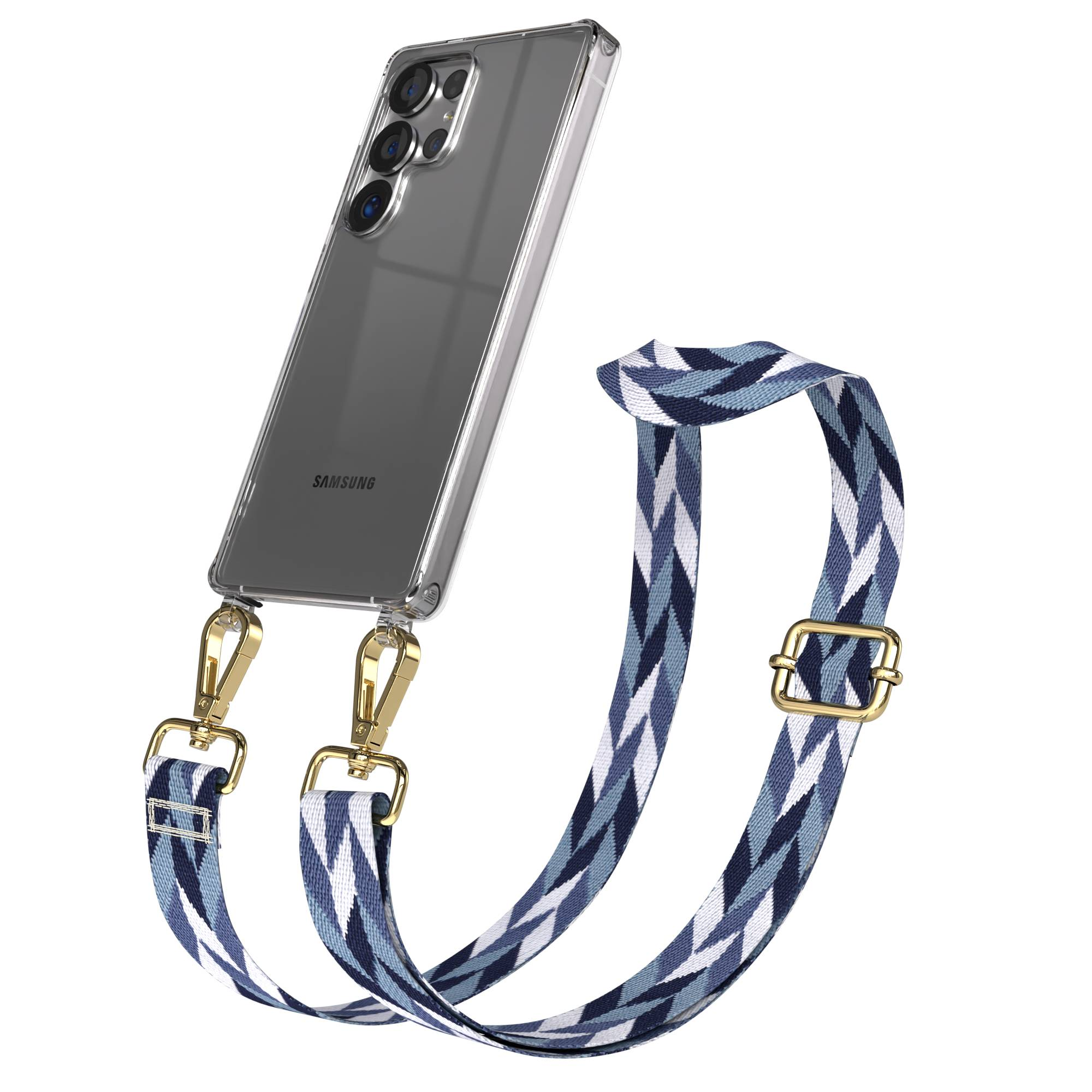 Ein Samsung-Smartphone in einer transparenten Hülle mit einem blauen und weißen Riemen.