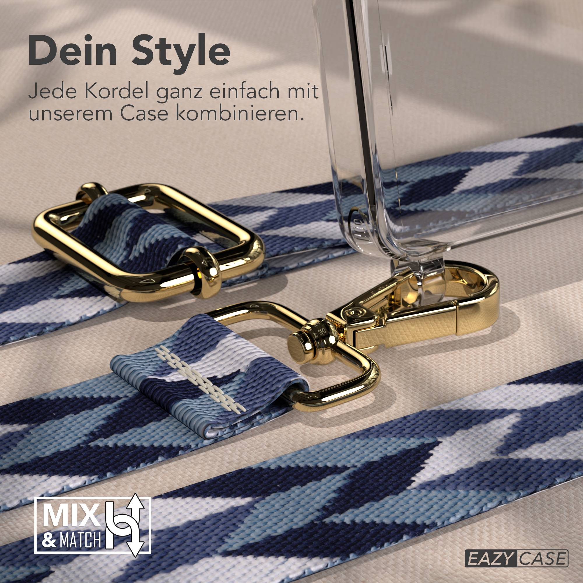 Ein transparentes Handyhülle mit einem blauen und weißen Band mit goldenen Beschlägen.