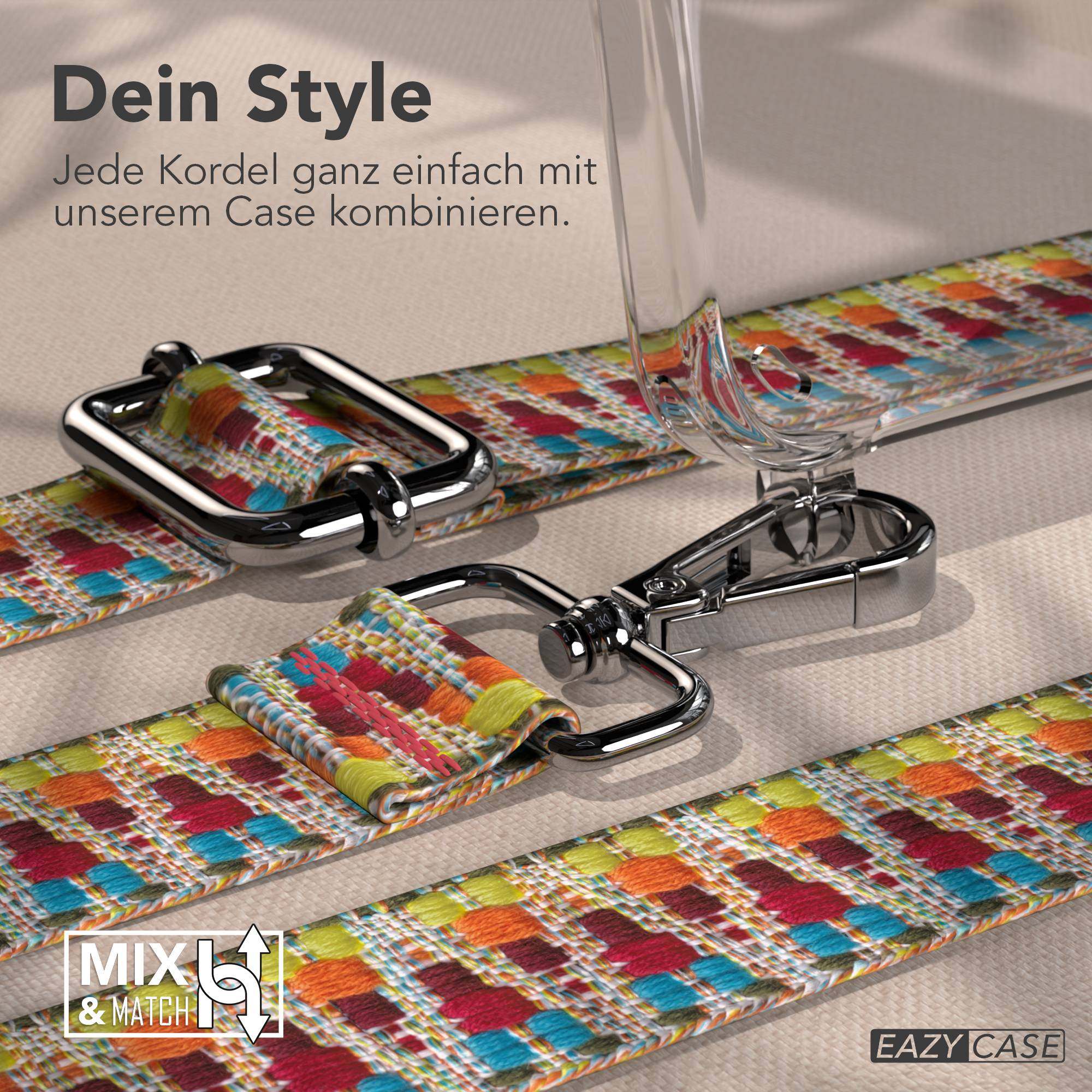 Buntes gewebtes Band mit Metallclips, Teil eines Handyhüllen-Systems.