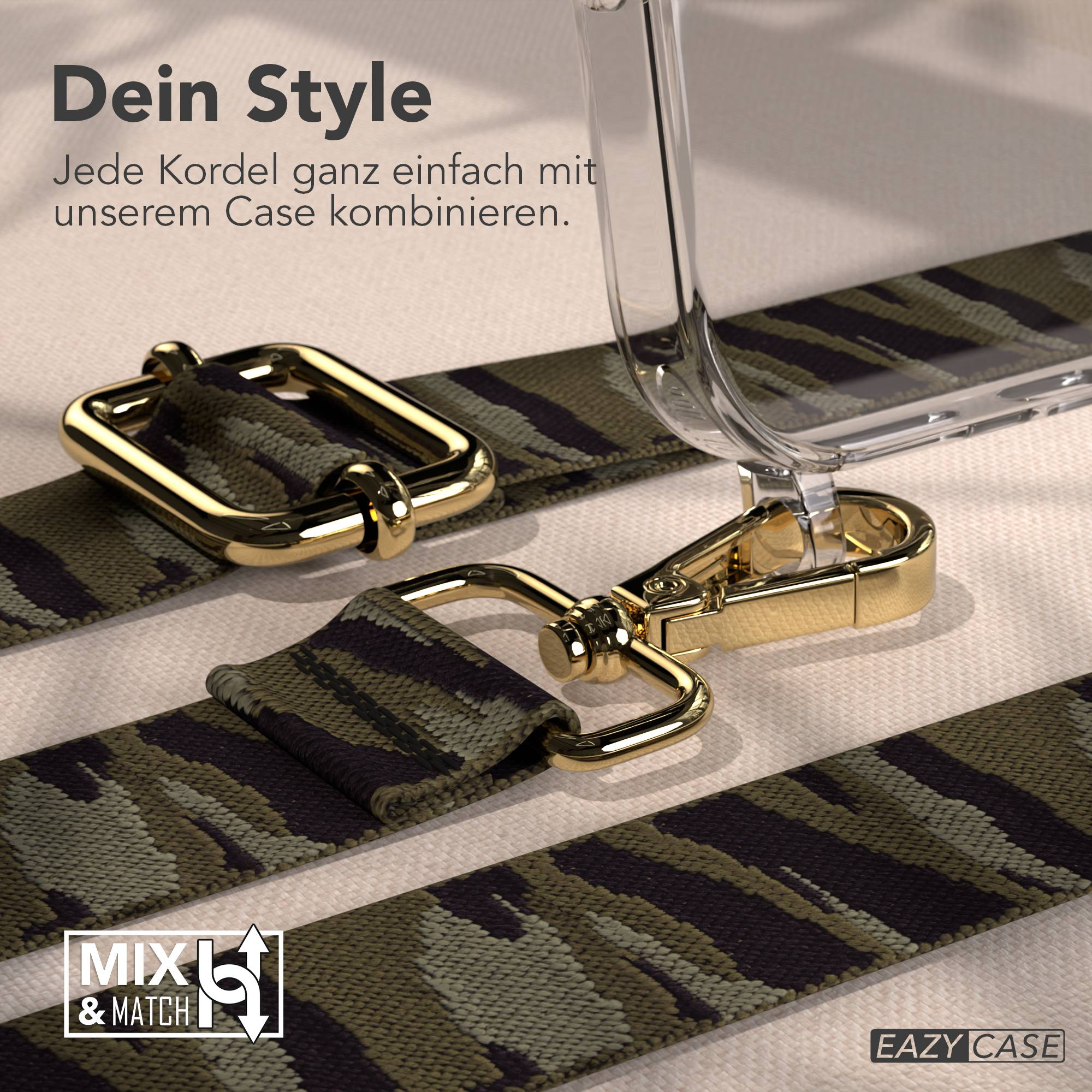 Kameragurt mit Camouflage-Muster und goldenen Schnallen.