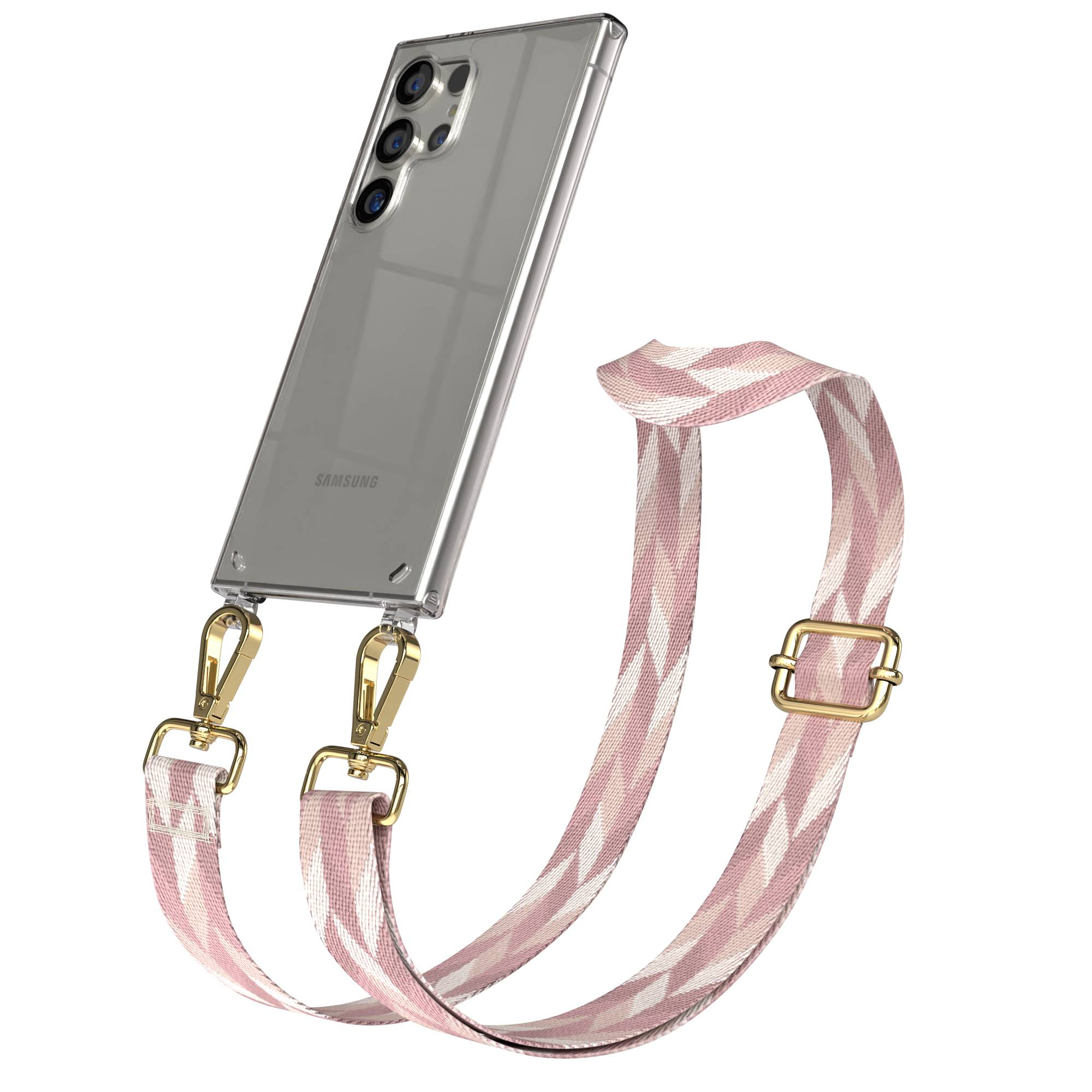 Eine durchsichtige Handyhülle mit einem angebrachten pink-weißen geometrischen Riemen.