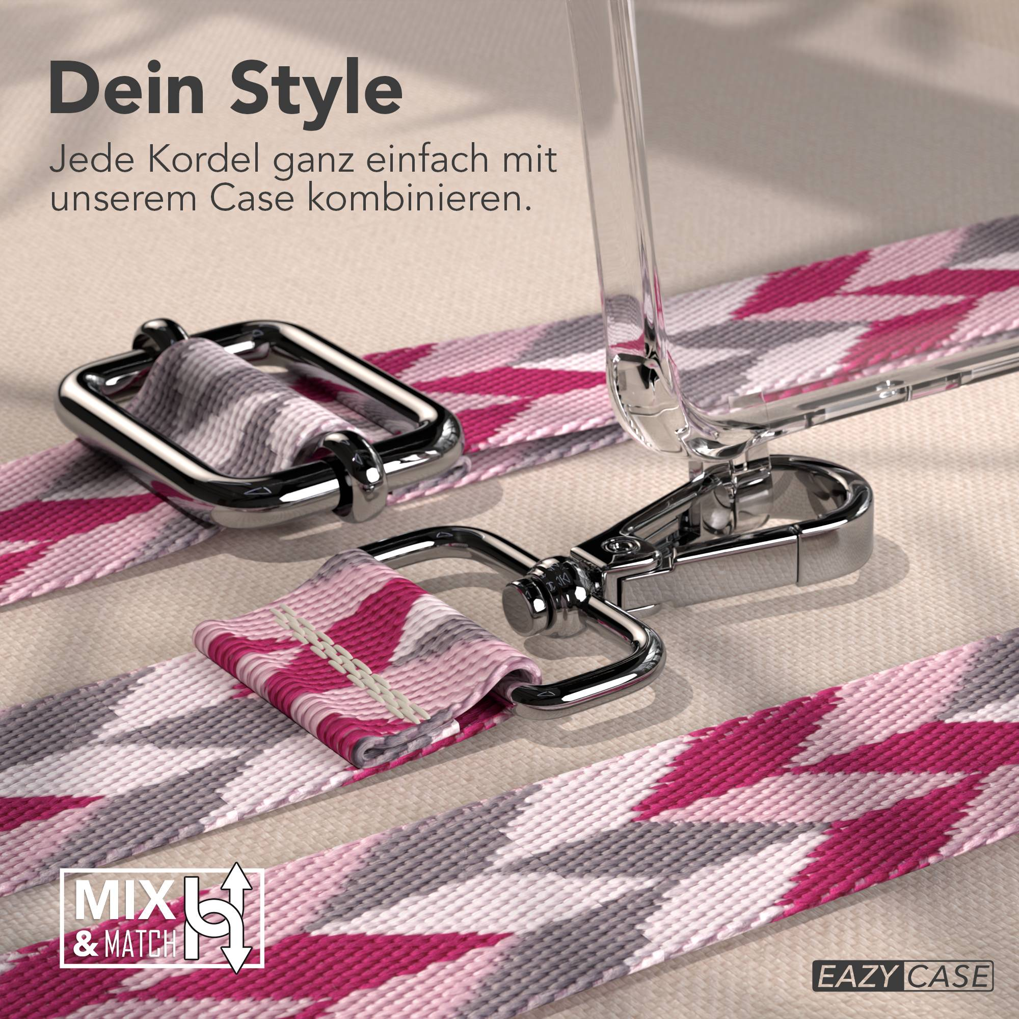 Ein Handyhüllen-Gurt mit silbernen Schnallen und pink-grauem Muster.
