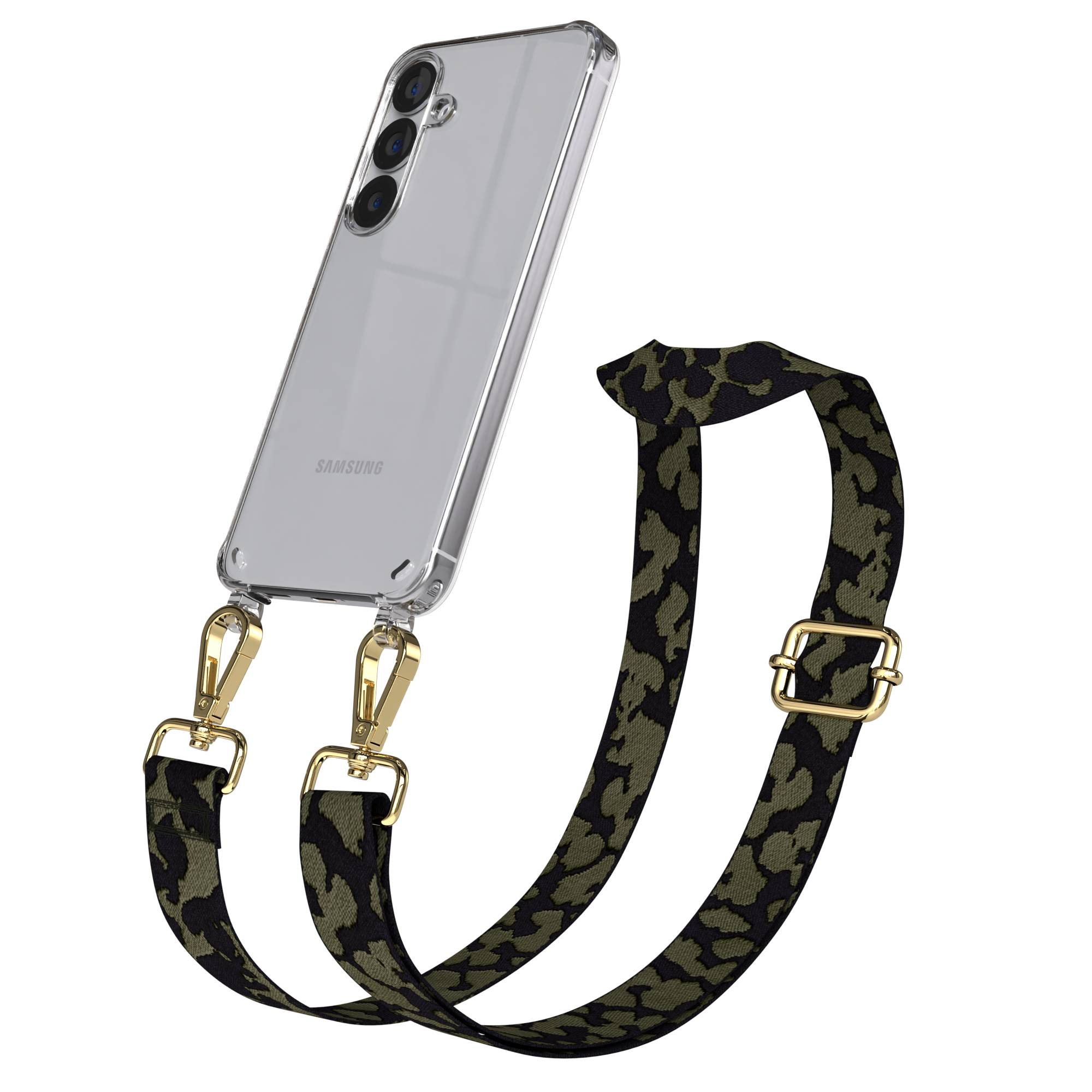 Ein durchsichtiges Samsung Handy mit einem Armband im Leopardenmuster.