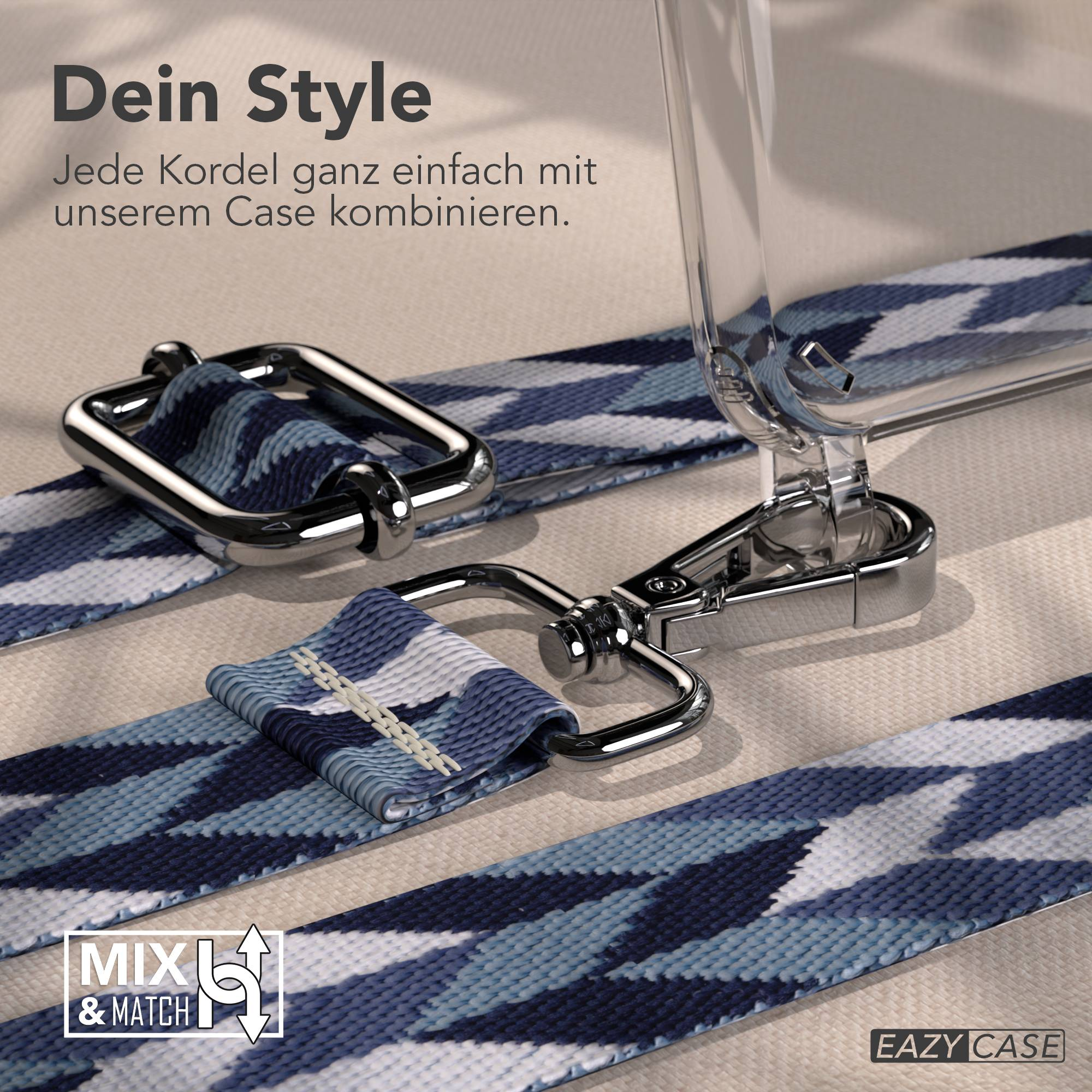 Nahaufnahme eines blau-weiß gemusterten Riemens mit silbernen Verschlüssen, neben einer klaren Handyhülle.
