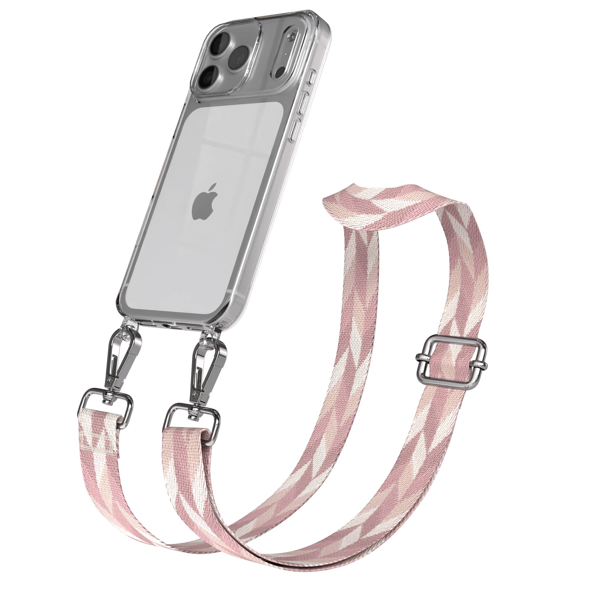 Transparente Hülle mit pink-weißem Band und silbernen Clips für ein iPhone.