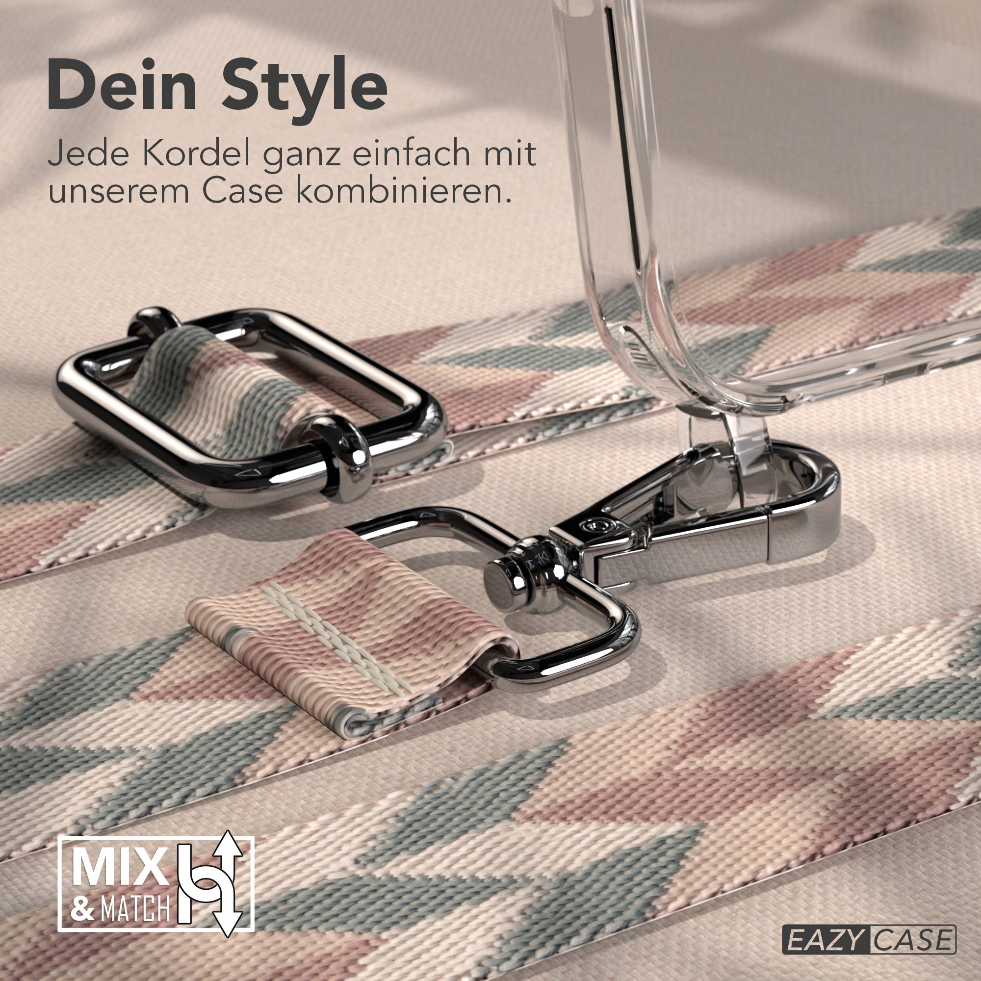 Eine durchsichtige Handyhülle mit gemustertem Band und silberner Hardware. Text: Dein Style, MIX & MATCH, EAZY CASE.