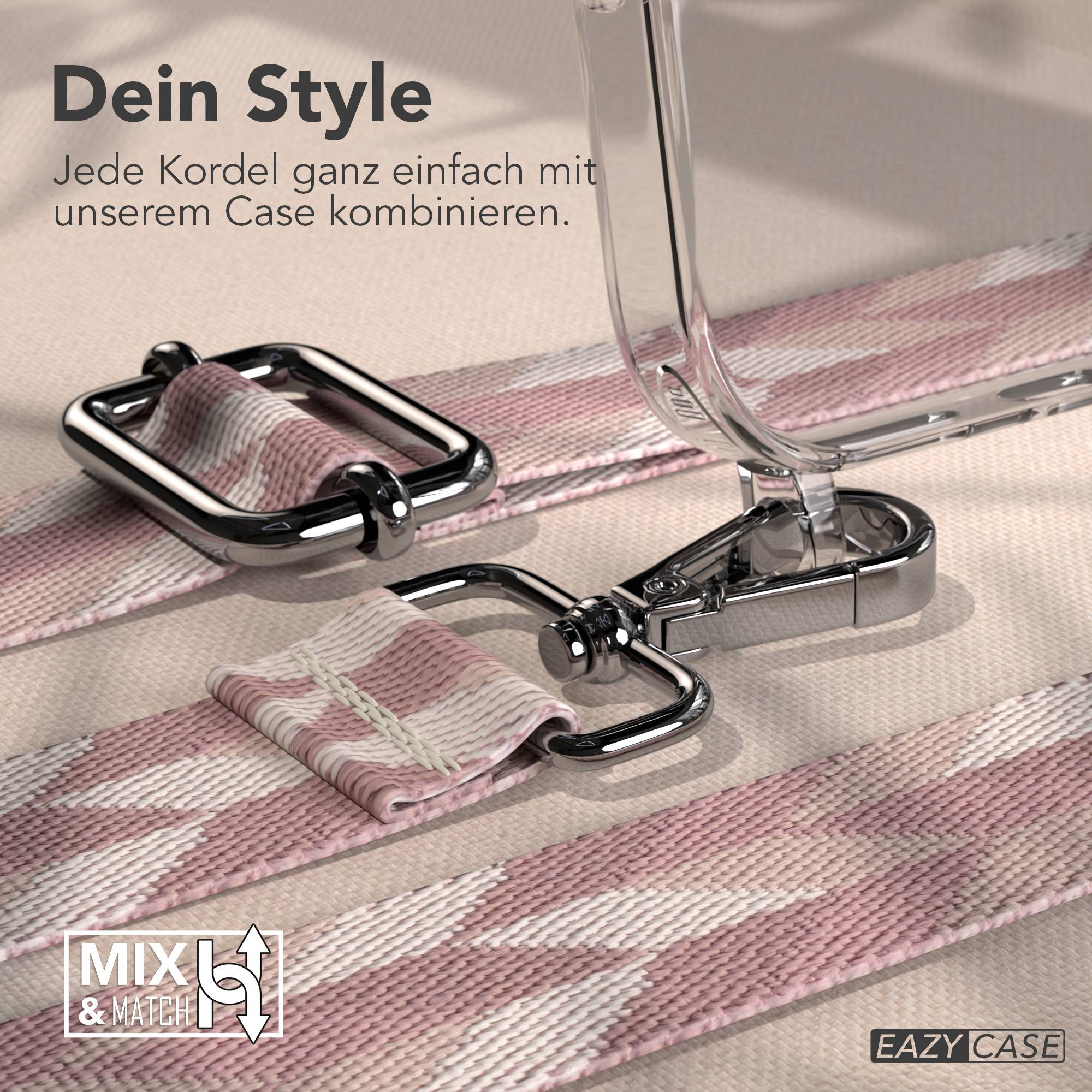 Ein silberner Karabinerhaken und ein Band mit rosa und weißen Streifen.
