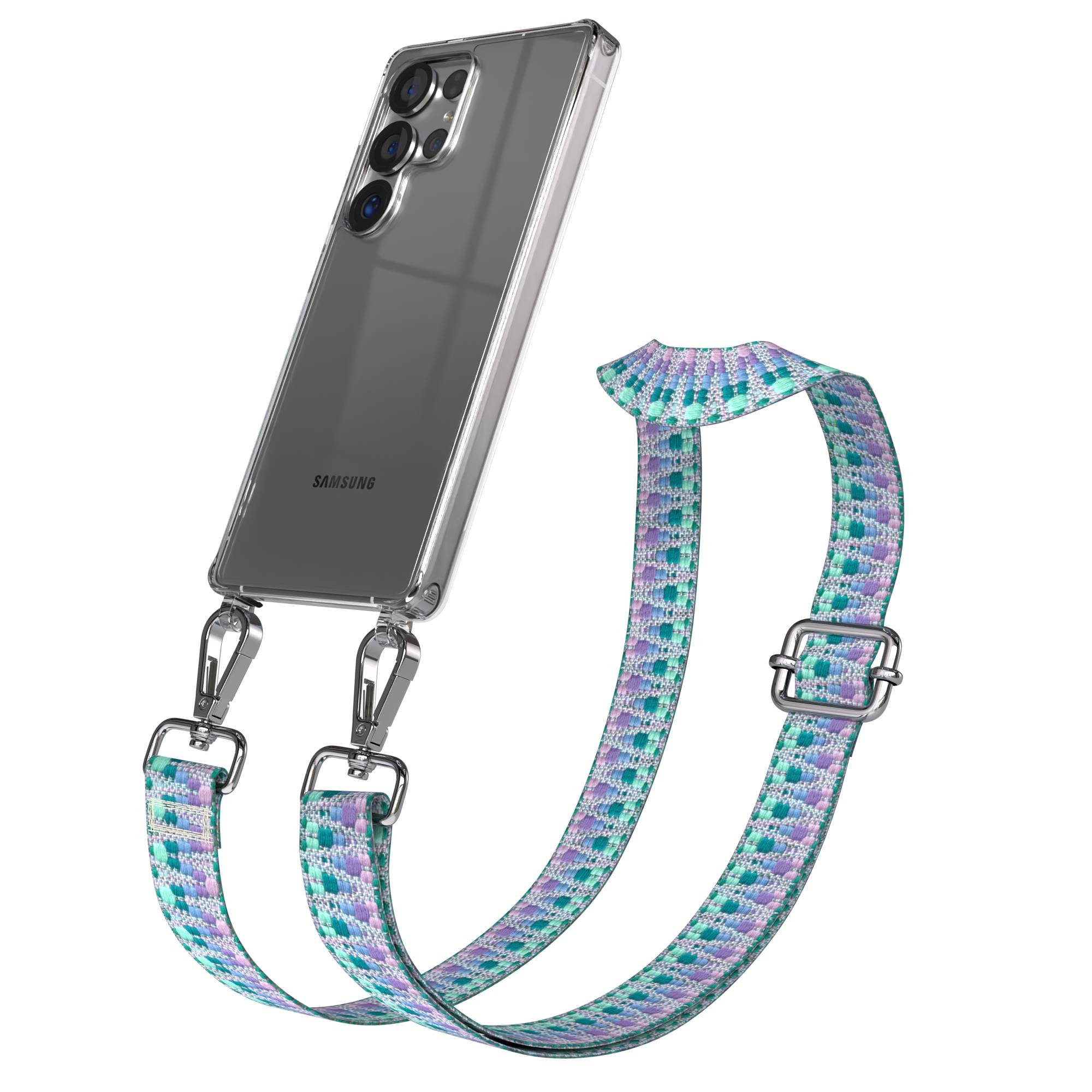 Ein durchsichtiges Samsung Handy mit einer bunten Halskette, befestigt mit silbernen Clips.