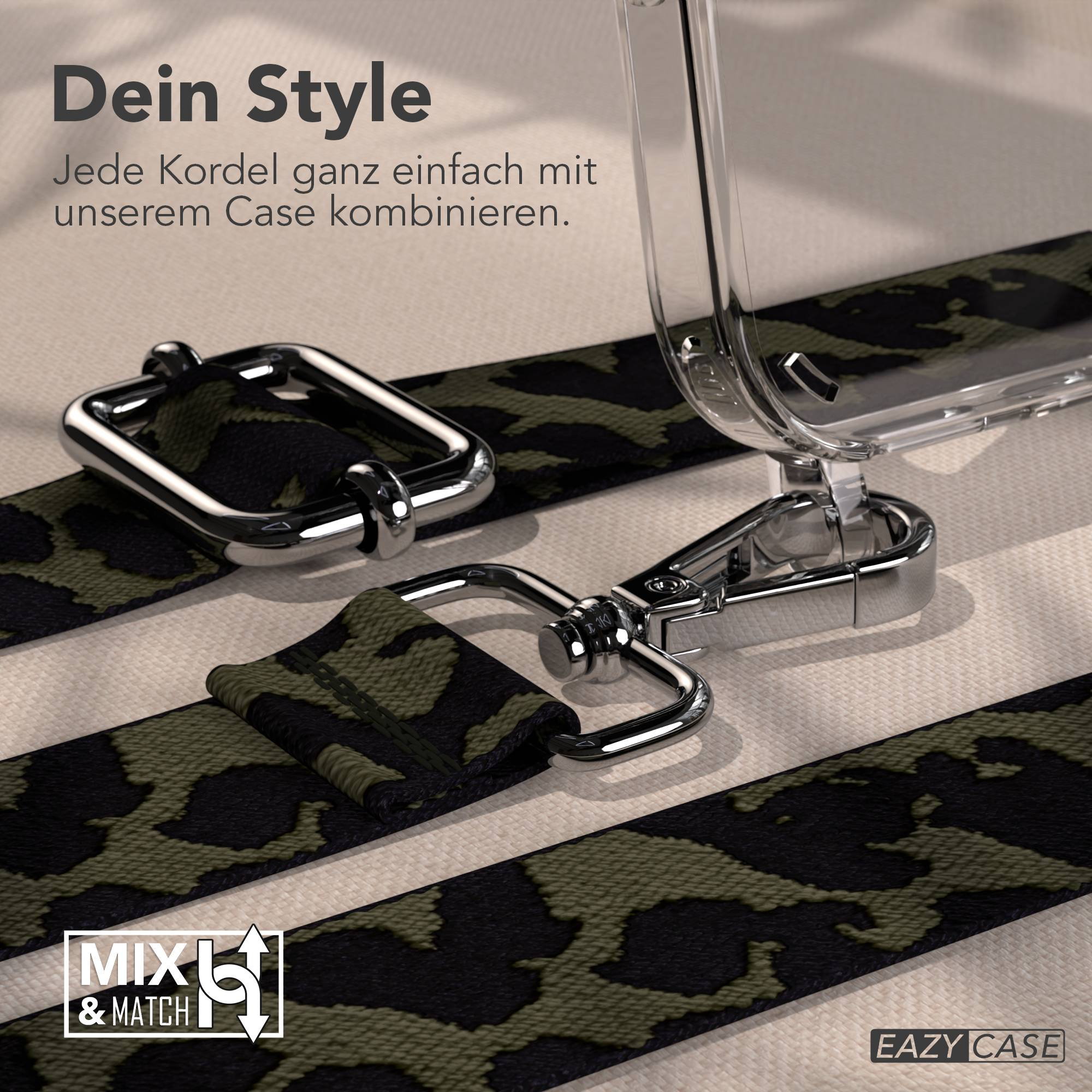 Klare Handyhülle mit Camouflage-Gurt und Metallverschlüssen. Mix & Match Logo.