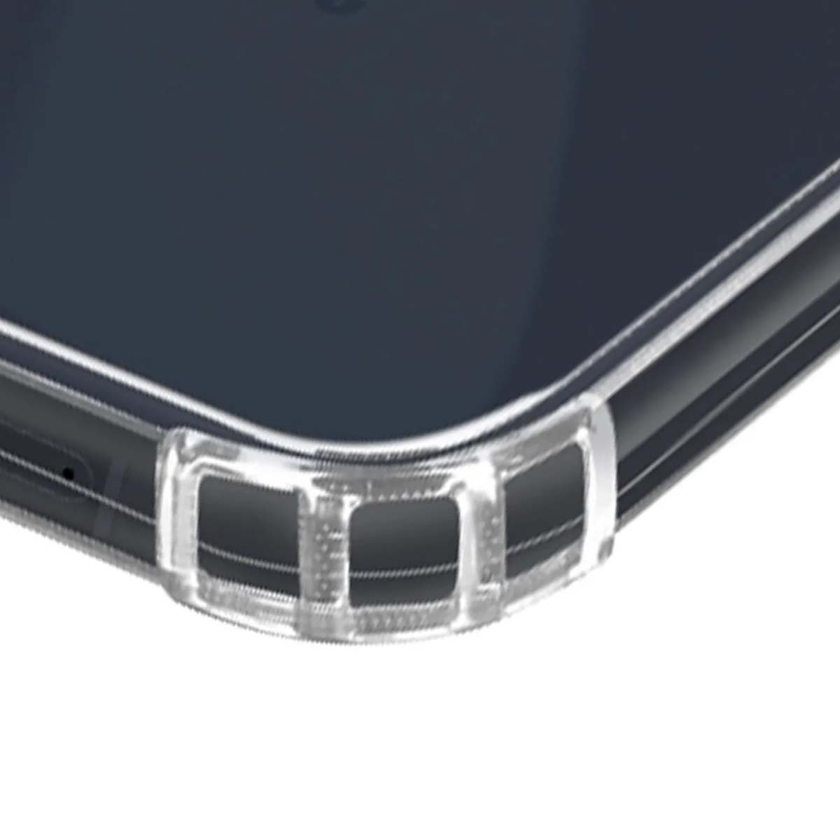 Primo piano di una cover trasparente per telefono con angoli rinforzati.