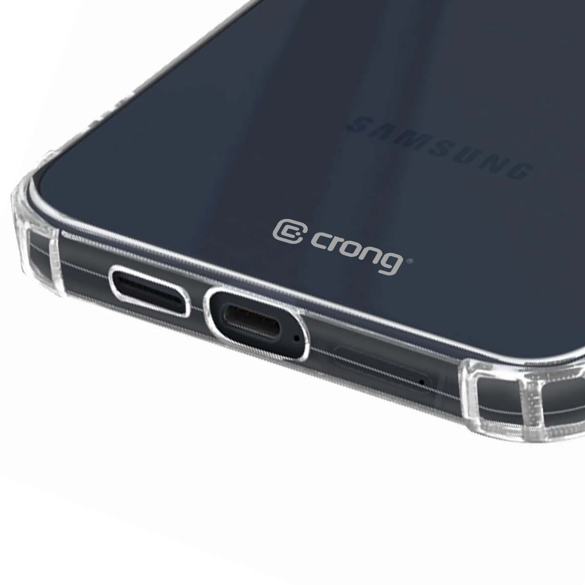 Primo piano di una custodia trasparente per telefono che mostra porte e logo Samsung.