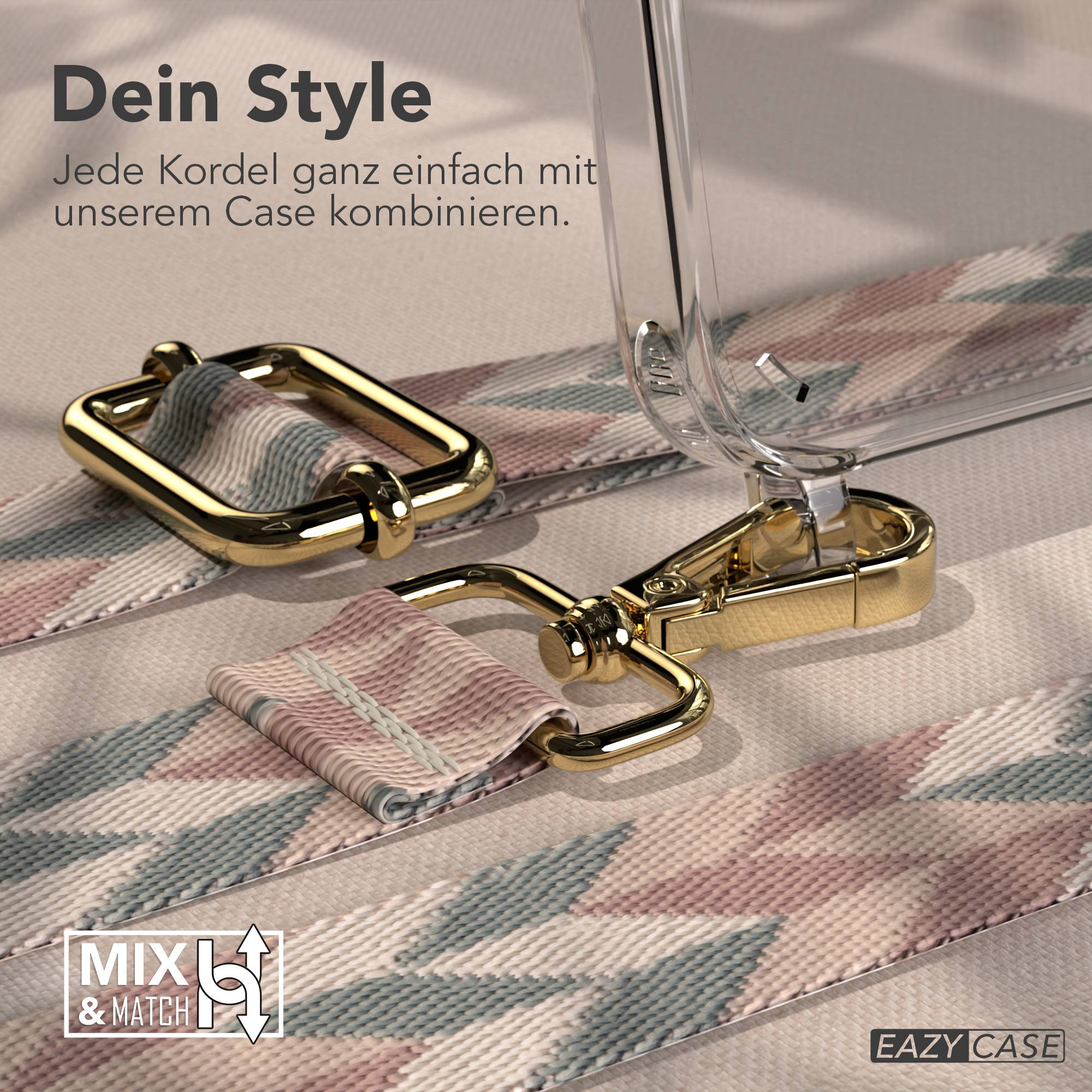 Goldene Verschlüsse befestigen ein gemustertes Band an einer Hülle. Text: Dein Style.