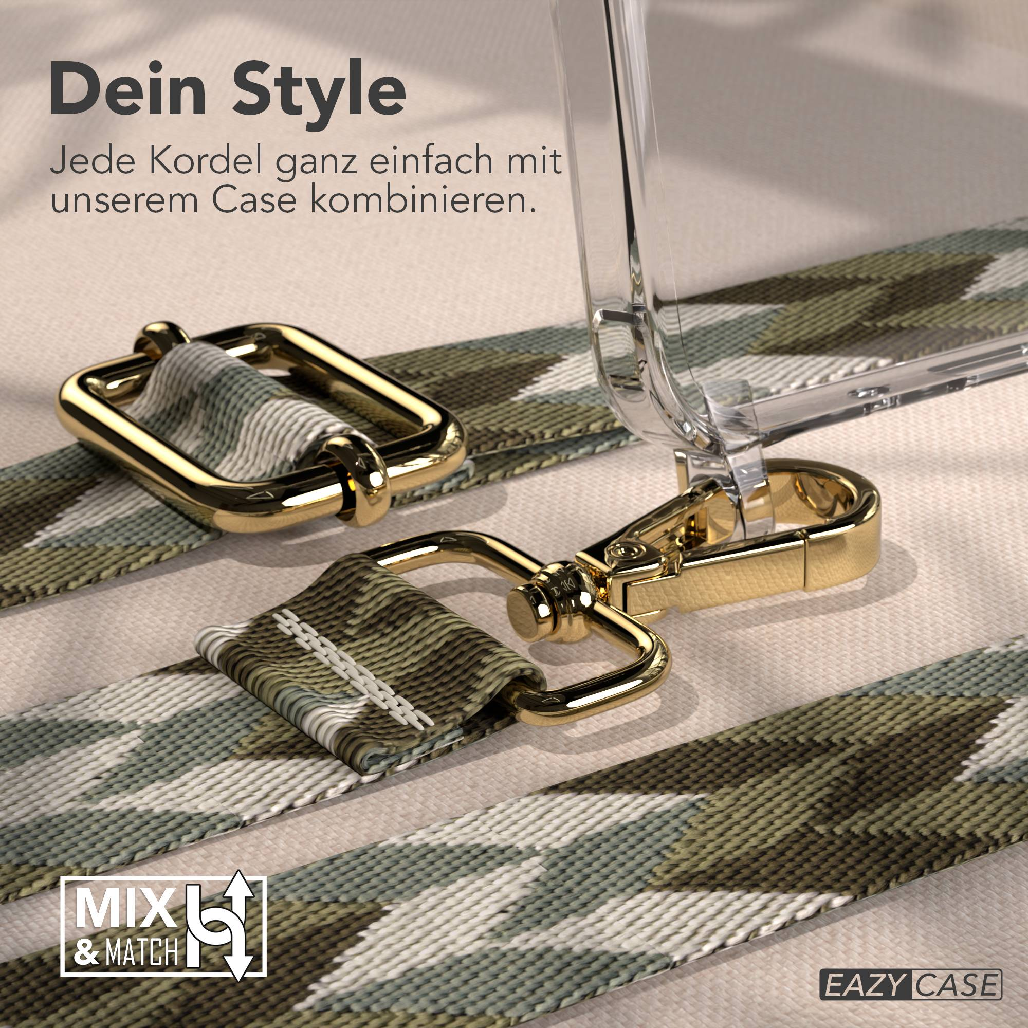 Kameratasche mit Tarnmuster, Gurt und goldenen Schnallen.