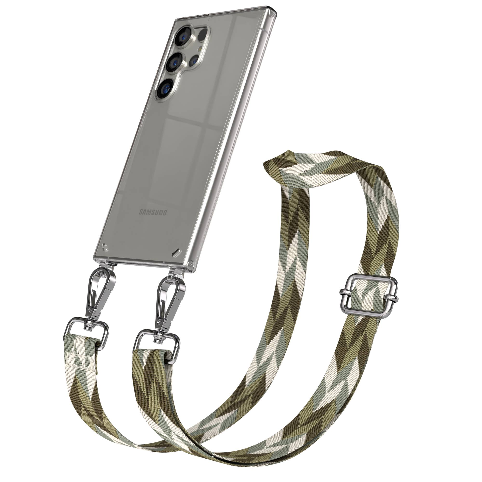 Ein transparentes Samsung-Handy mit einer Kameraeinheit und einem Camouflage-Gurt.