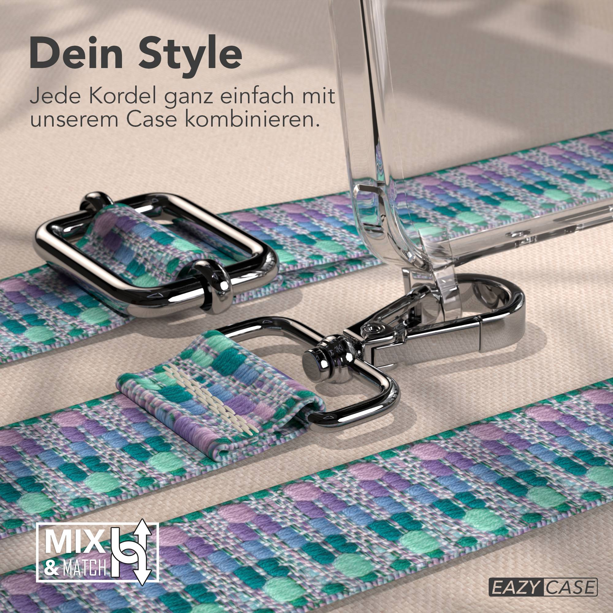 Transparente Handyhülle mit buntem Band und Metallclips.