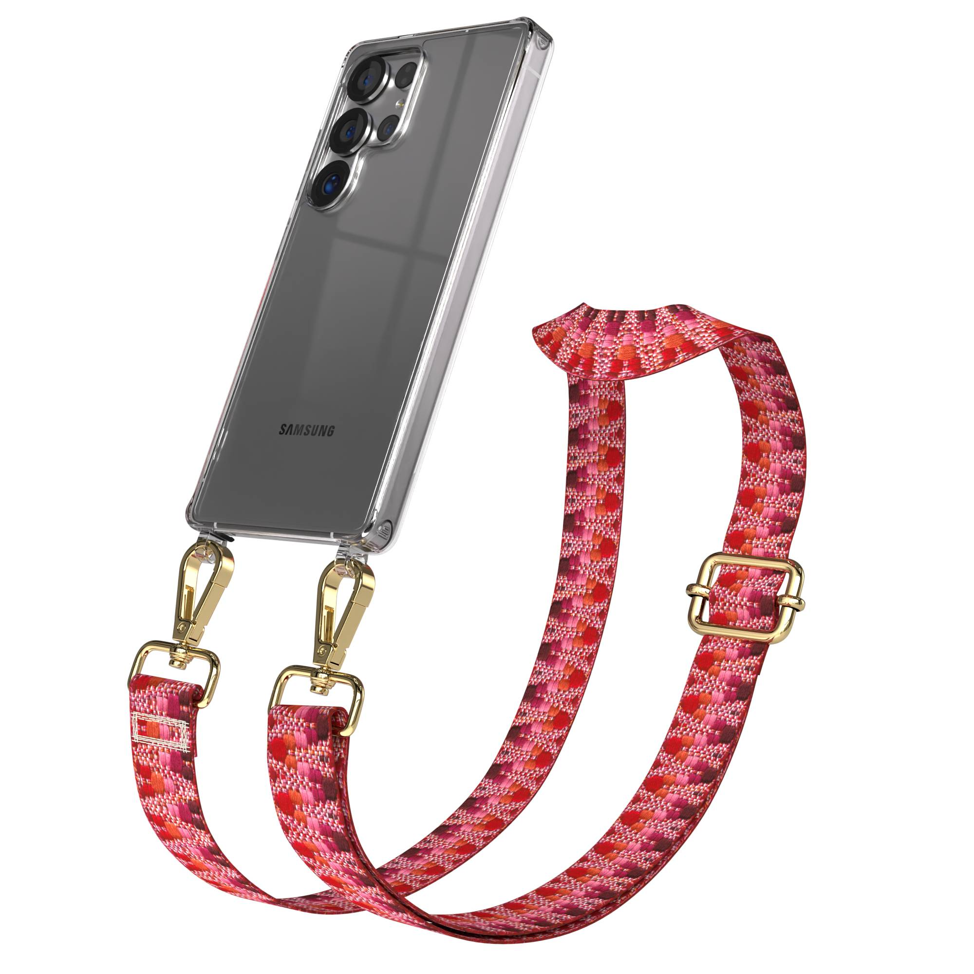 Ein Samsung-Smartphone in einer transparenten Hülle mit einem bunten Riemen.