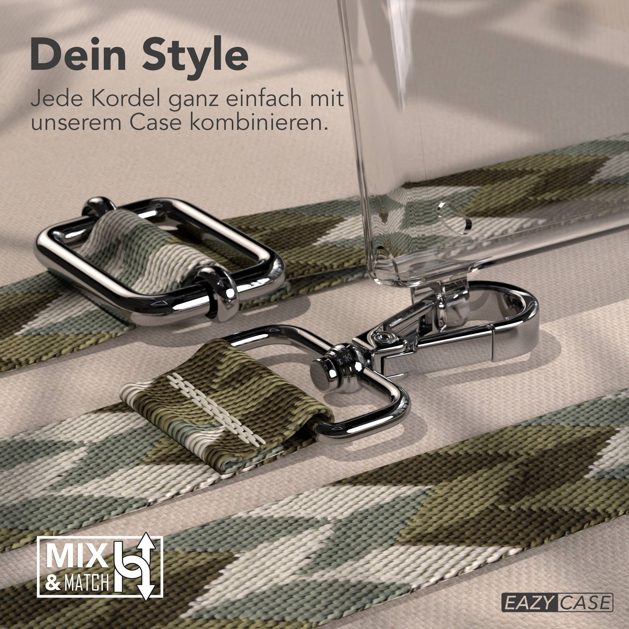 Tarnfarbene Lanyard mit Metallclips und einer Hülle sind gezeigt.