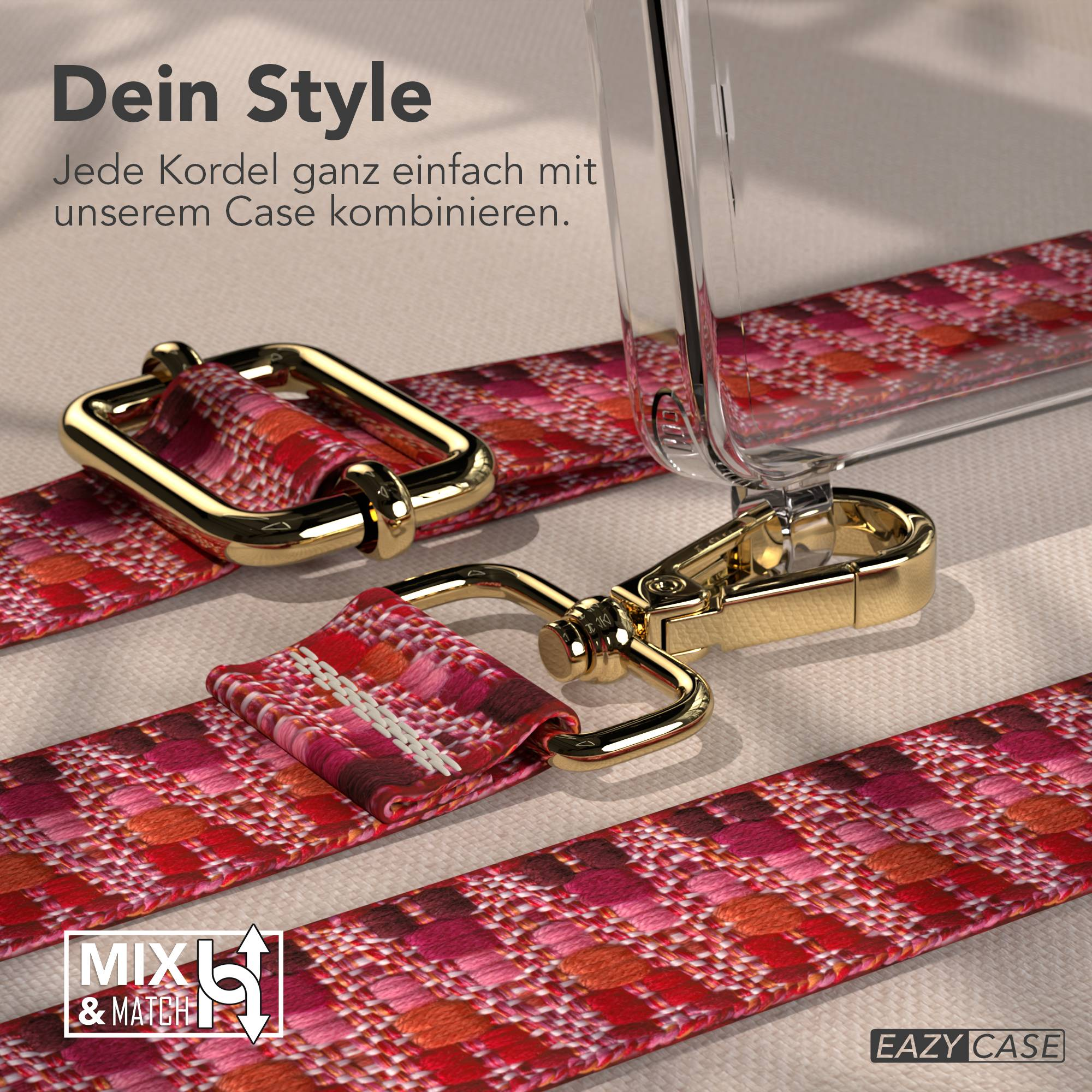 Rotes, gemustertes Band mit goldenen Beschlägen und einer Handyhülle.
