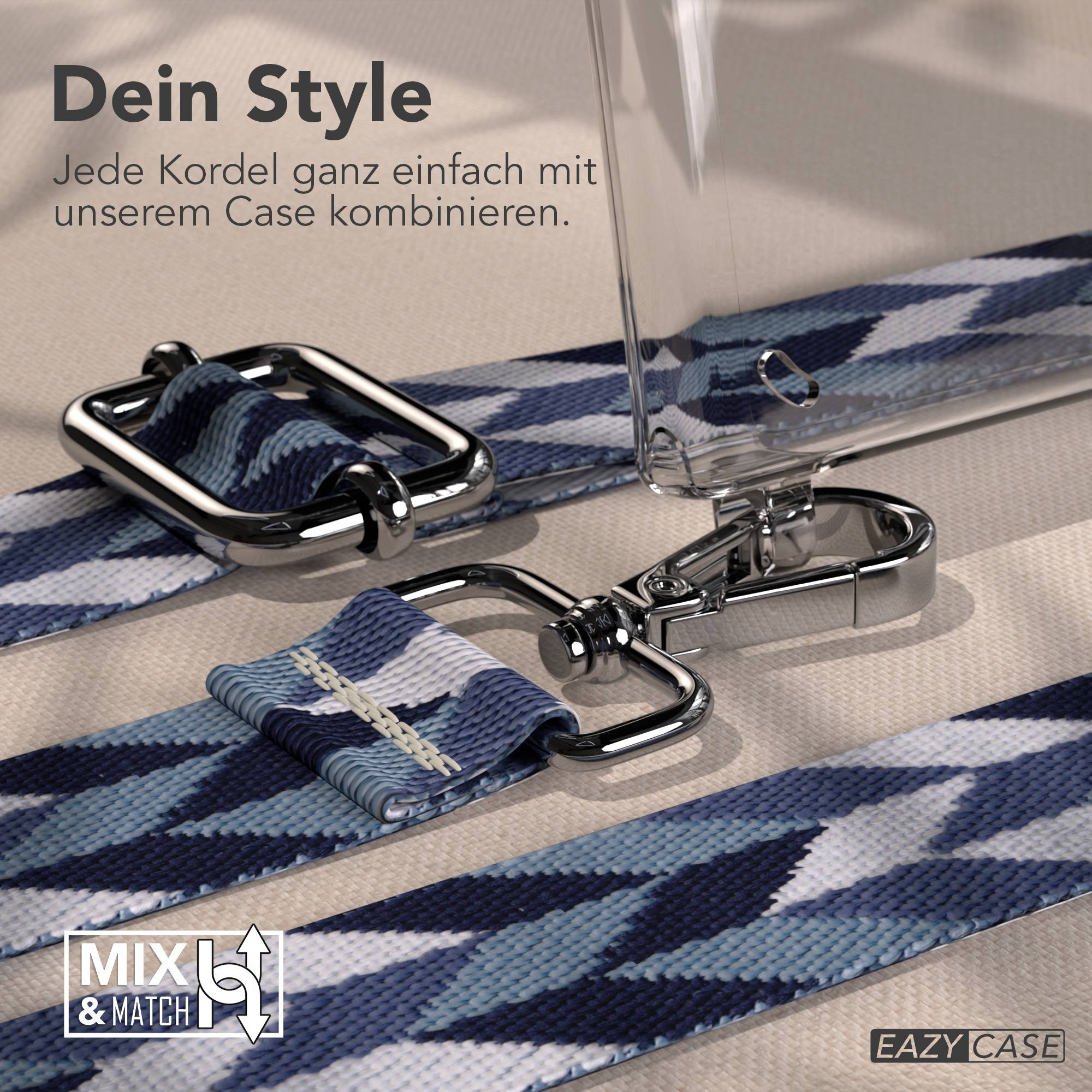 Ein blau-weiß gemustertes Band mit silbernen Schnallen, neben einer transparenten Handyhülle.