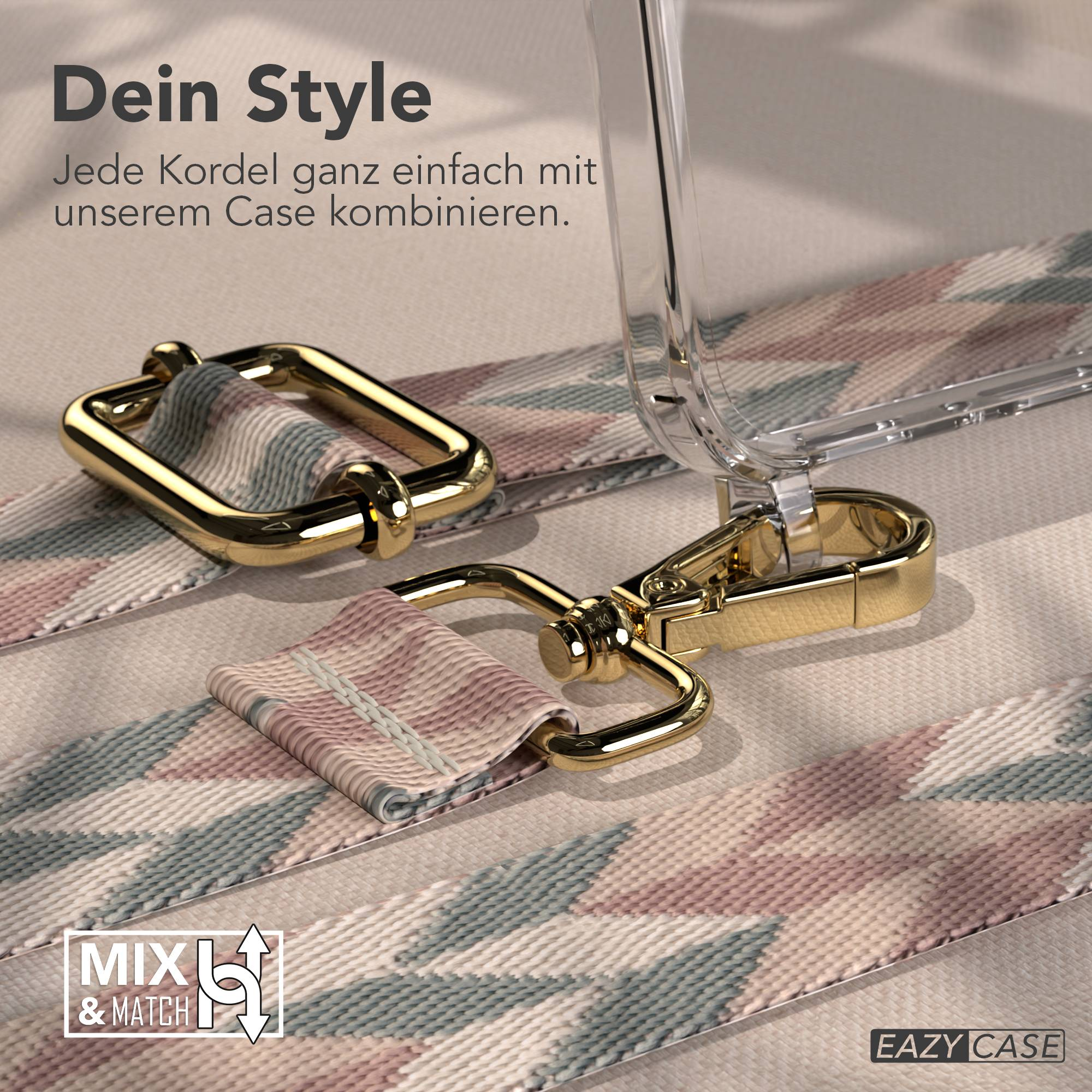 Goldene Karabinerhaken und ein gemustertes Band für Handyhüllen.