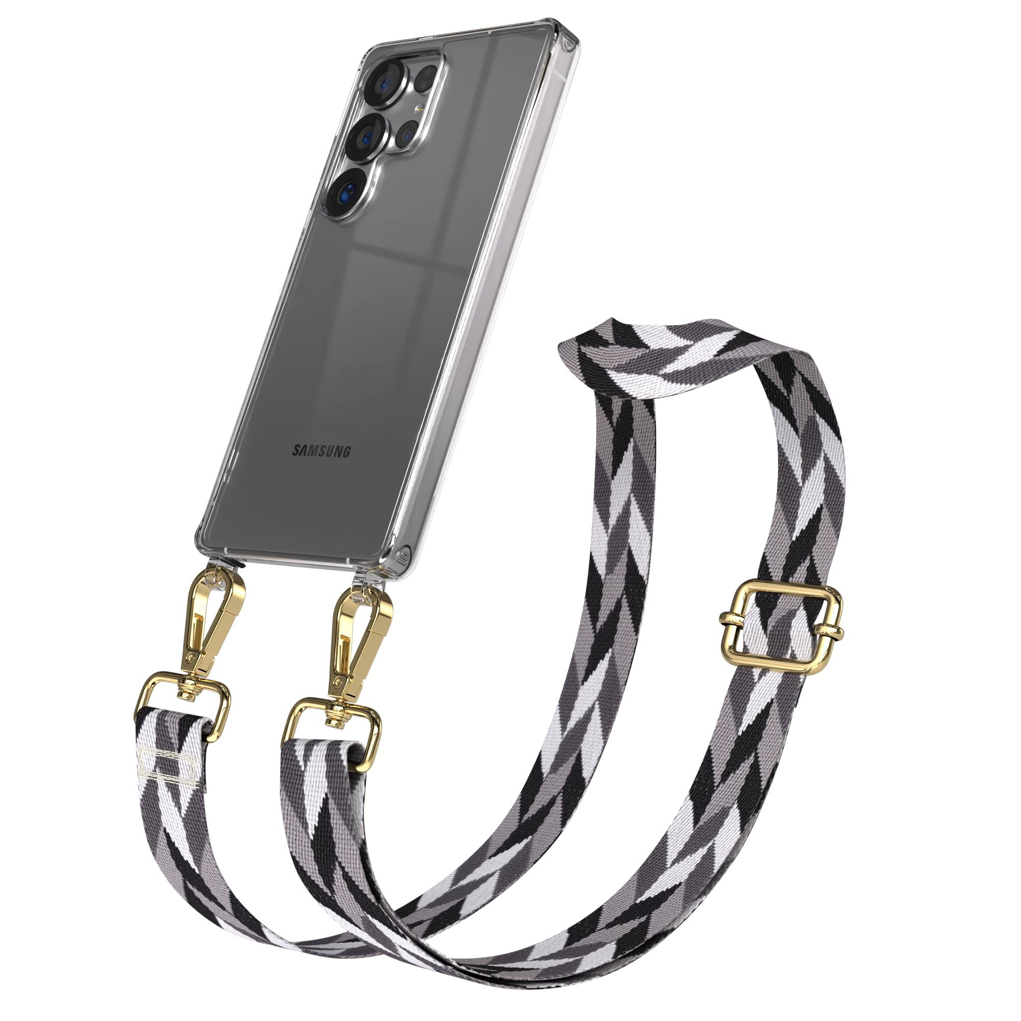 Ein durchsichtiges Samsung-Handy mit Kameramodul und einem gemusterten Gurt.