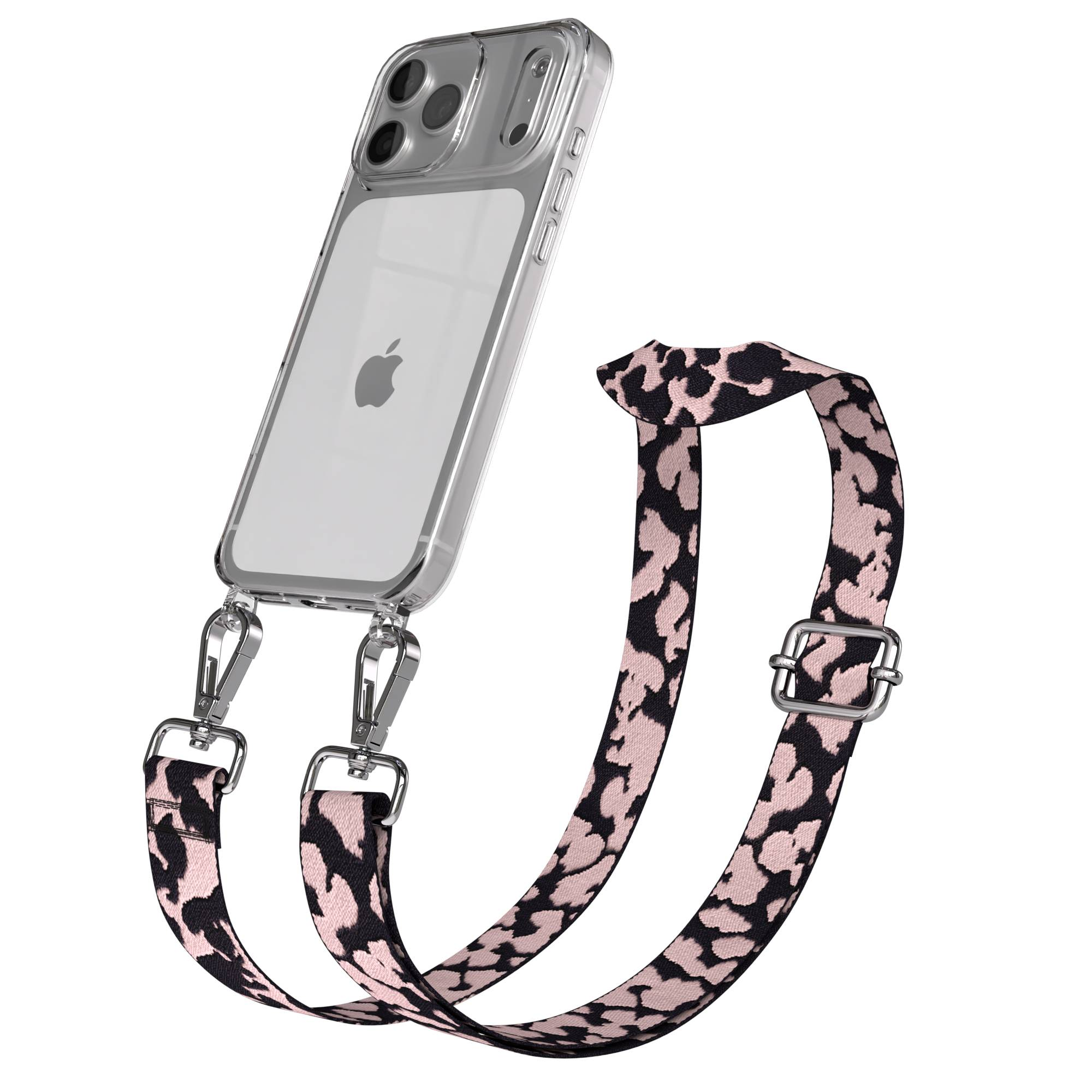 Transparente Handyhülle mit Leopardenmuster-Gurt und silbernen Clips auf weißem Hintergrund.