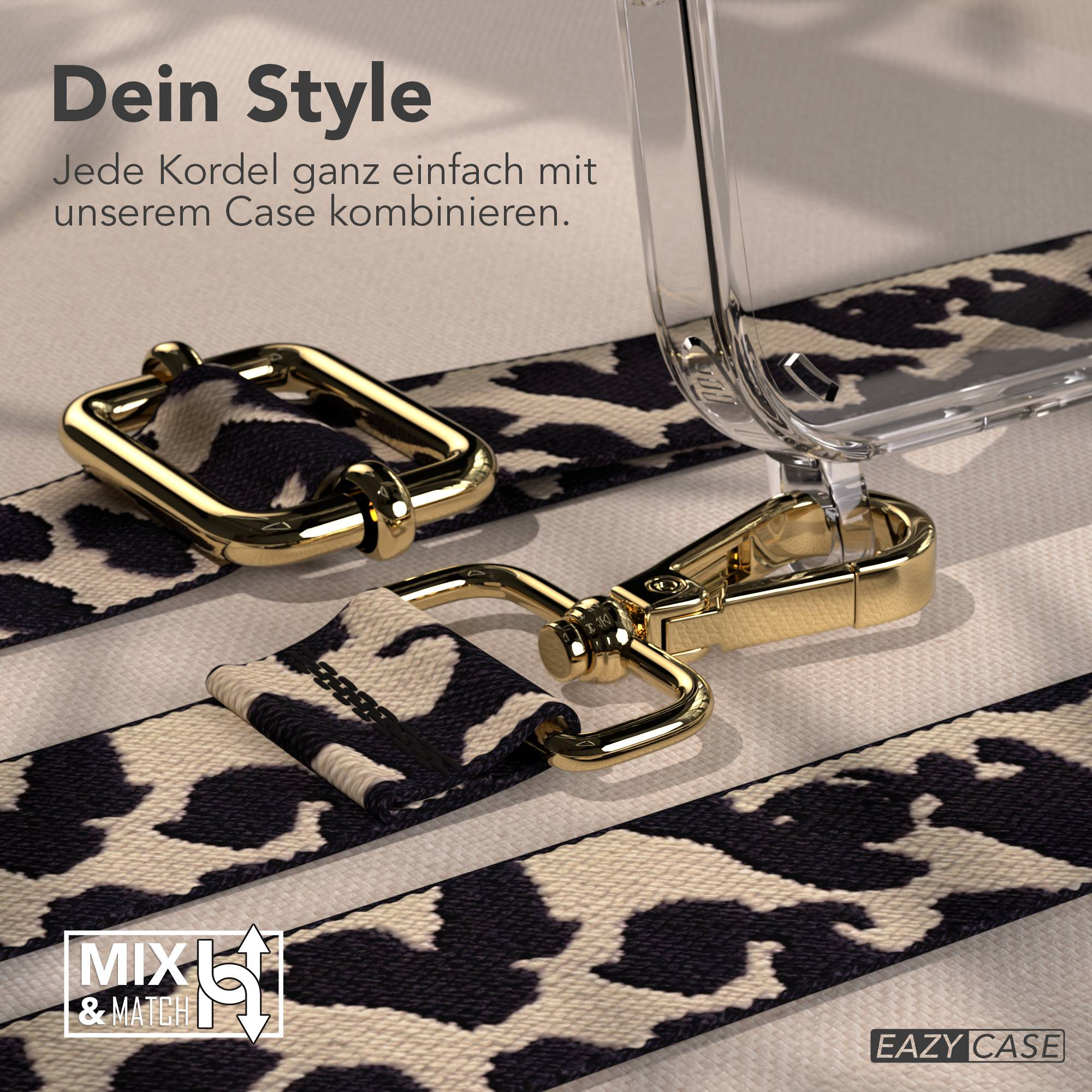 Transparente Handyhülle mit Leopardenmuster-Kordel und goldenen Beschlägen.