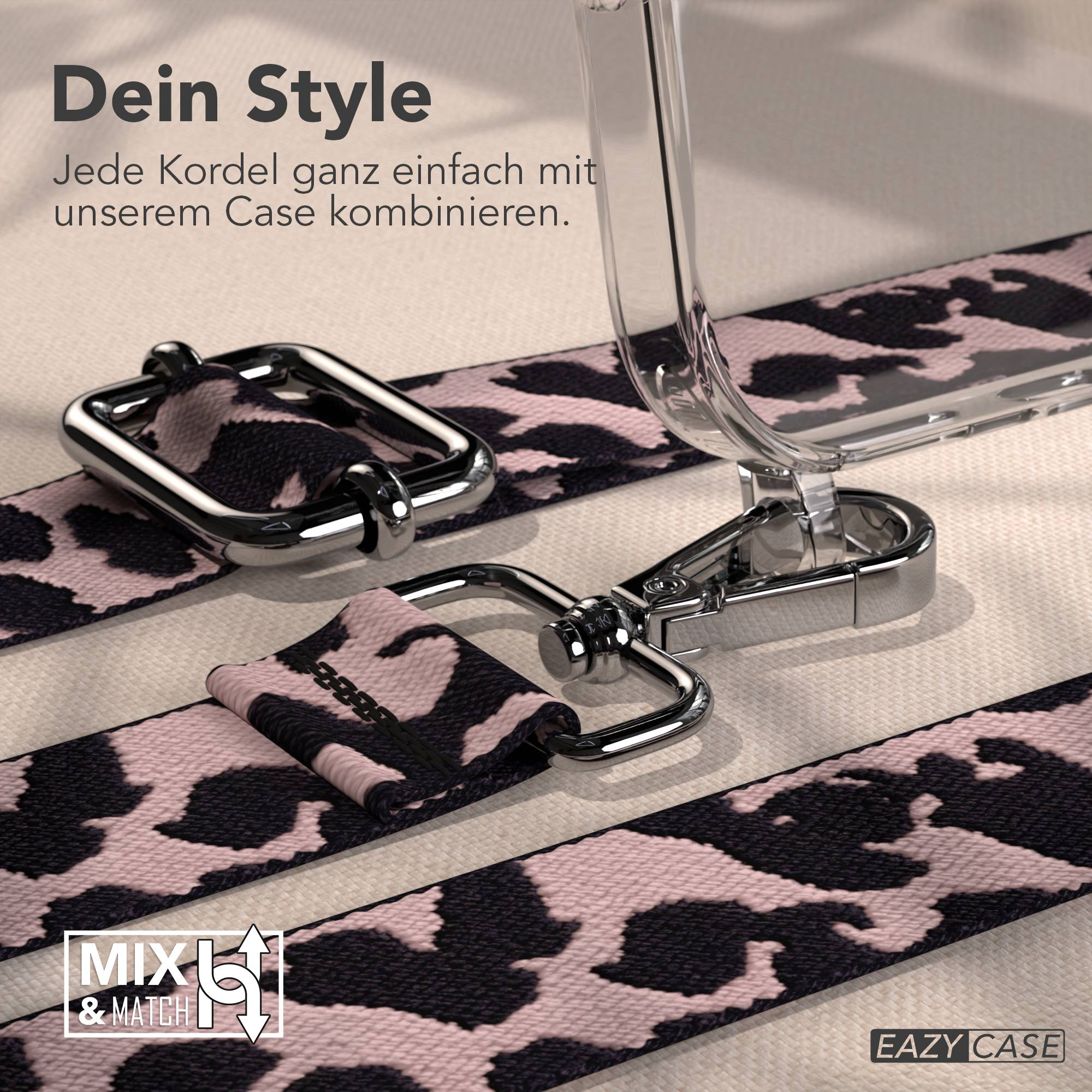 Ein pink-schwarzer Leo-Druckgurt mit silberner Hardware und Hülle.
